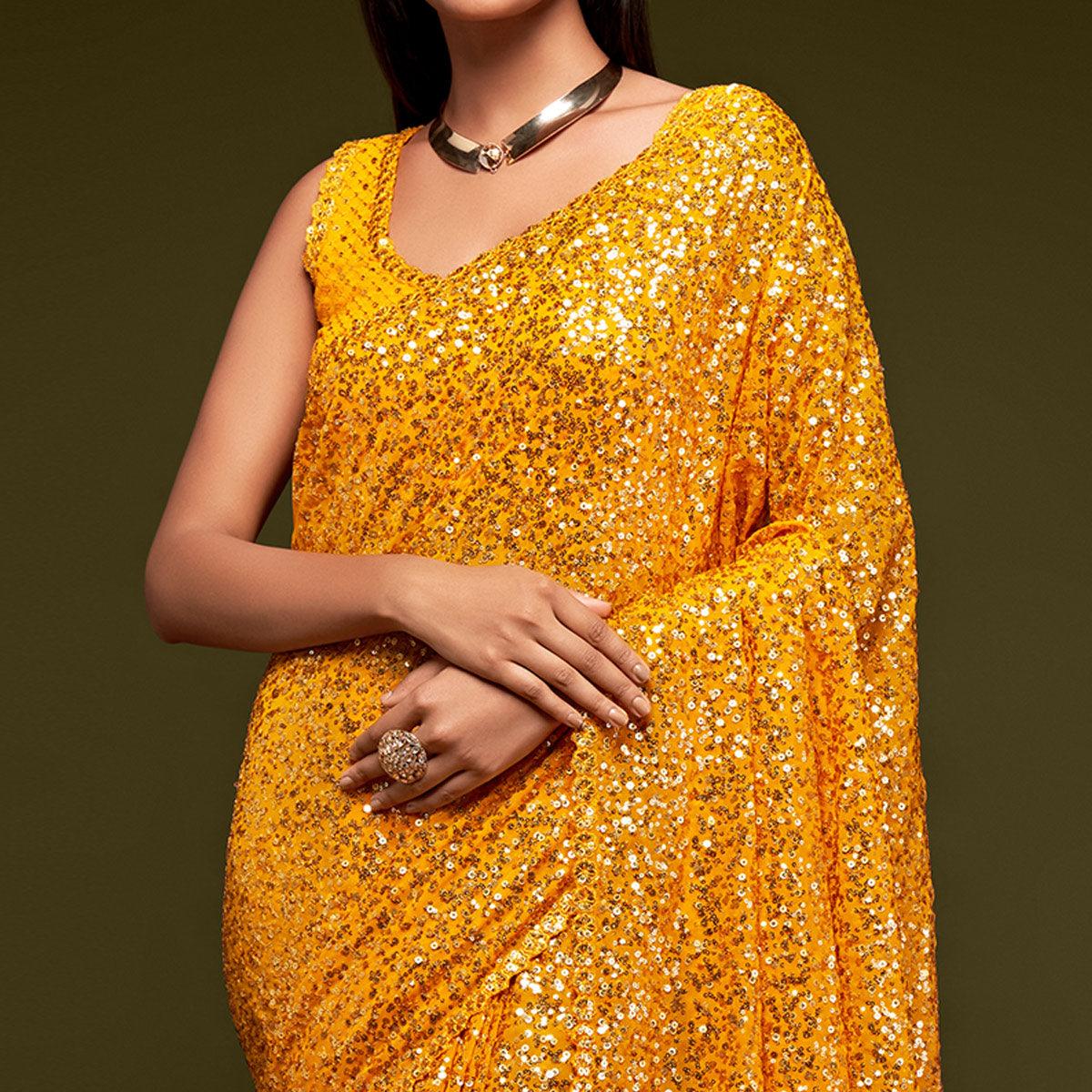 Honey Yellow Partywear Thread & Sequins Embroidered Georgette Saree - Peachmode