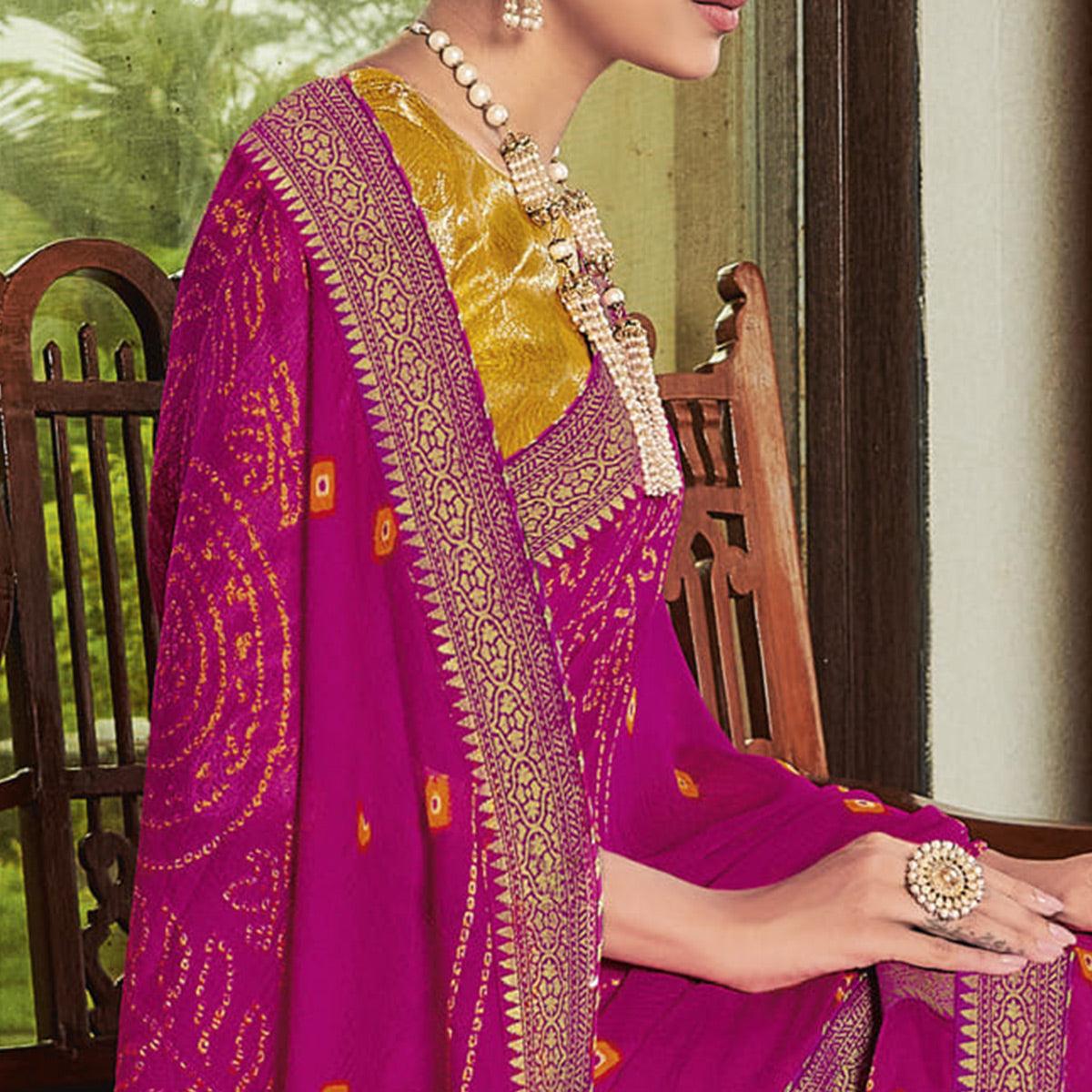 Hot Pink Casual Wear Bandhani Printed Chiffon Saree - Peachmode