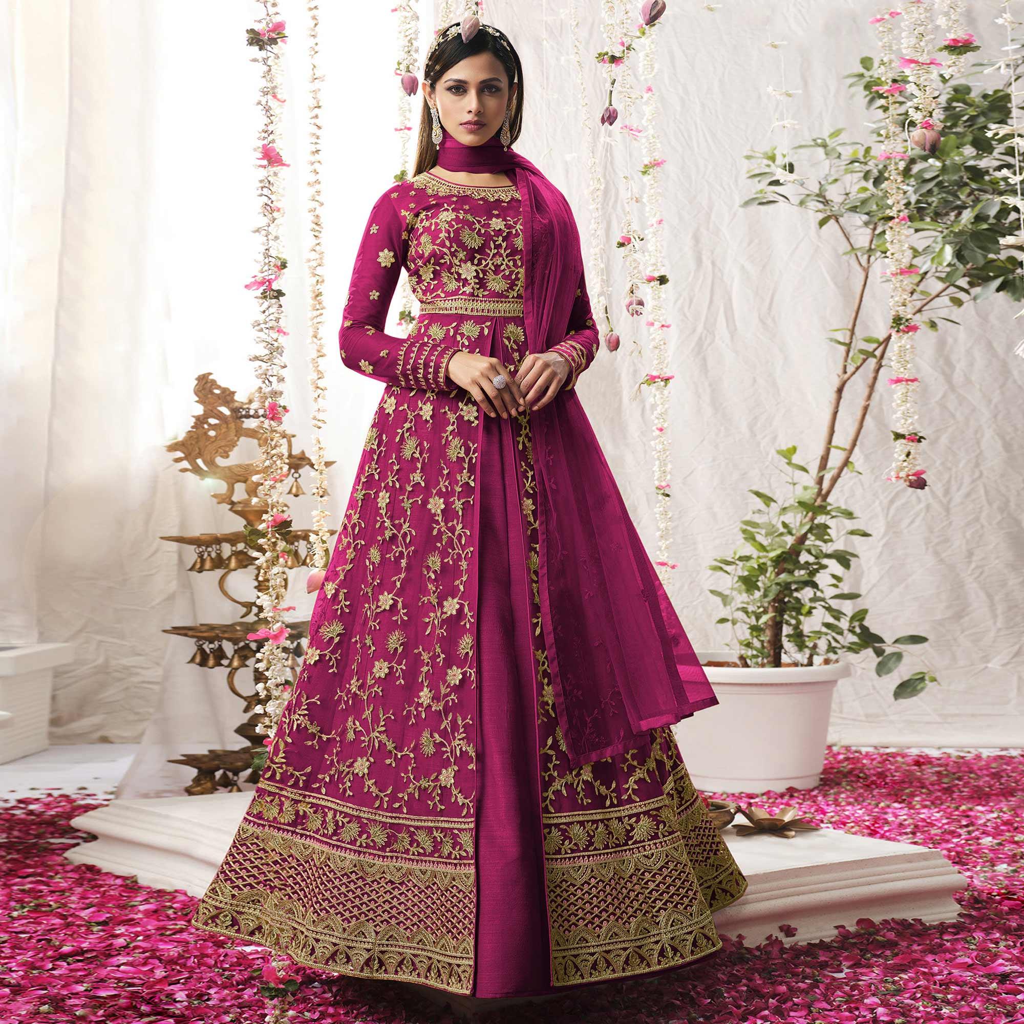 Hot Pink Embroidered Netted Anarkali Suit - Peachmode