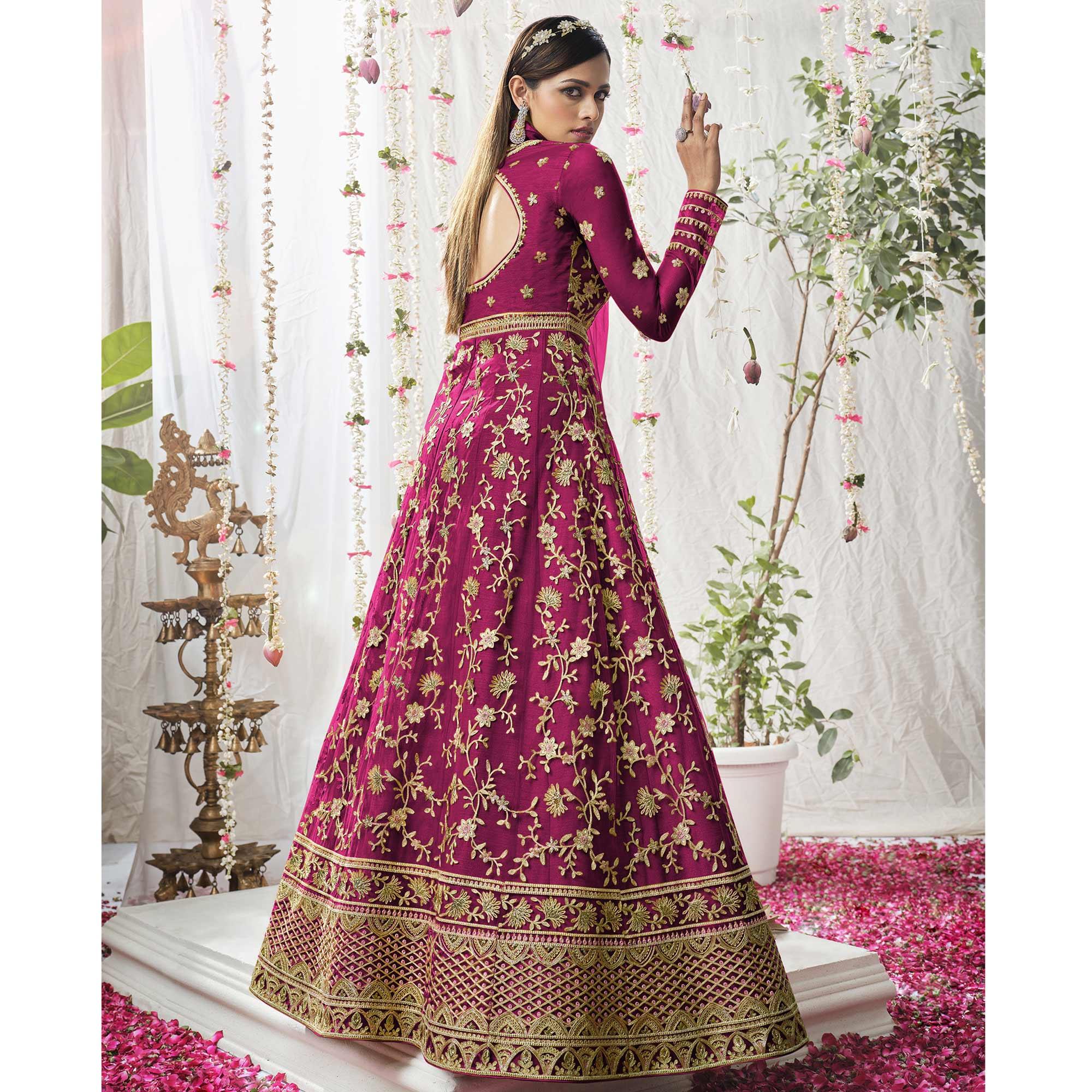Hot Pink Embroidered Netted Anarkali Suit - Peachmode