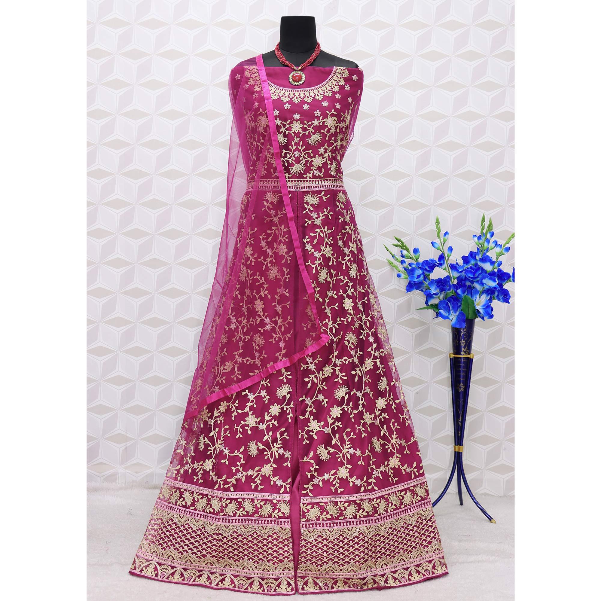 Hot Pink Embroidered Netted Anarkali Suit - Peachmode