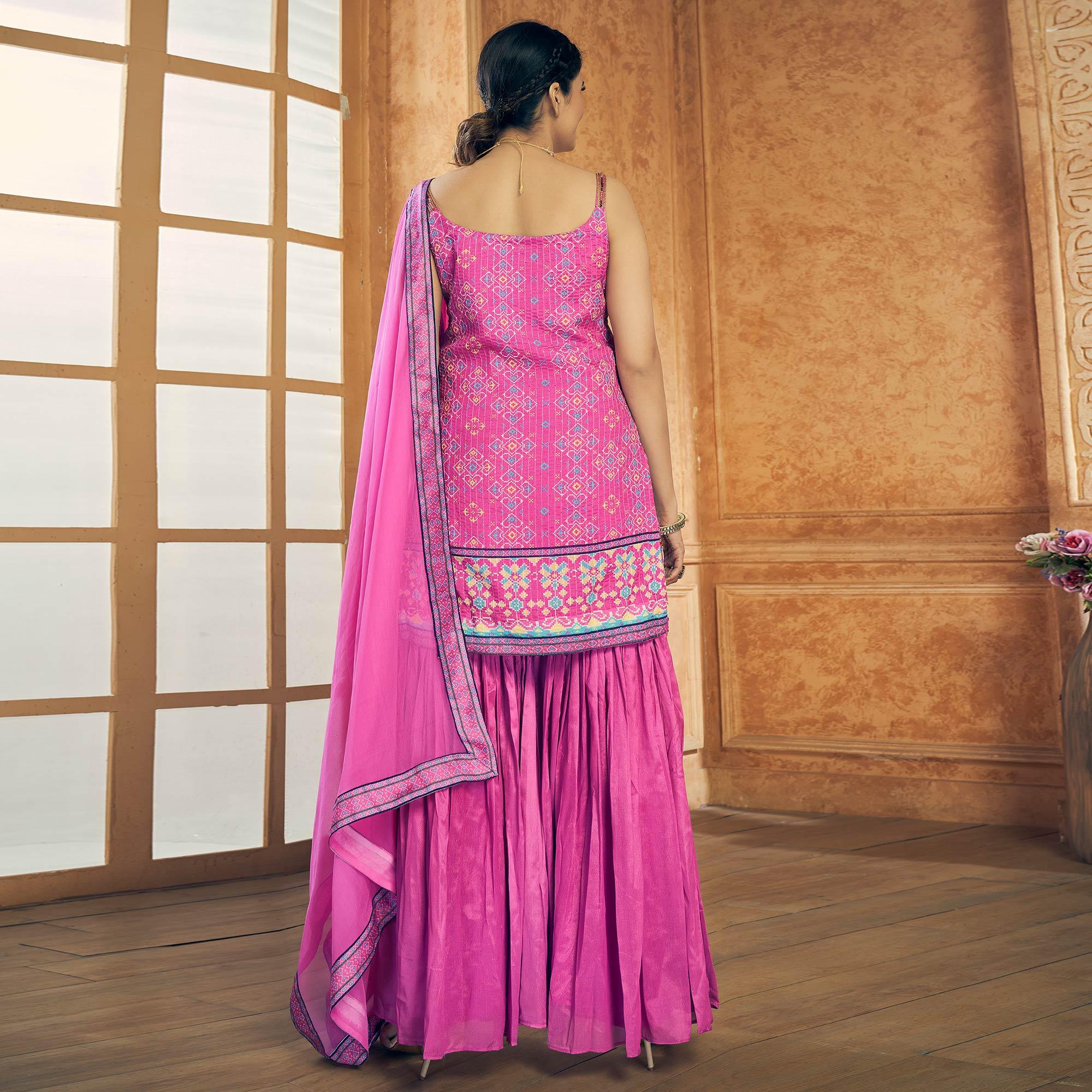 Hot Pink Party Wear Embroiddered Chiffon Sharara Suit - Peachmode