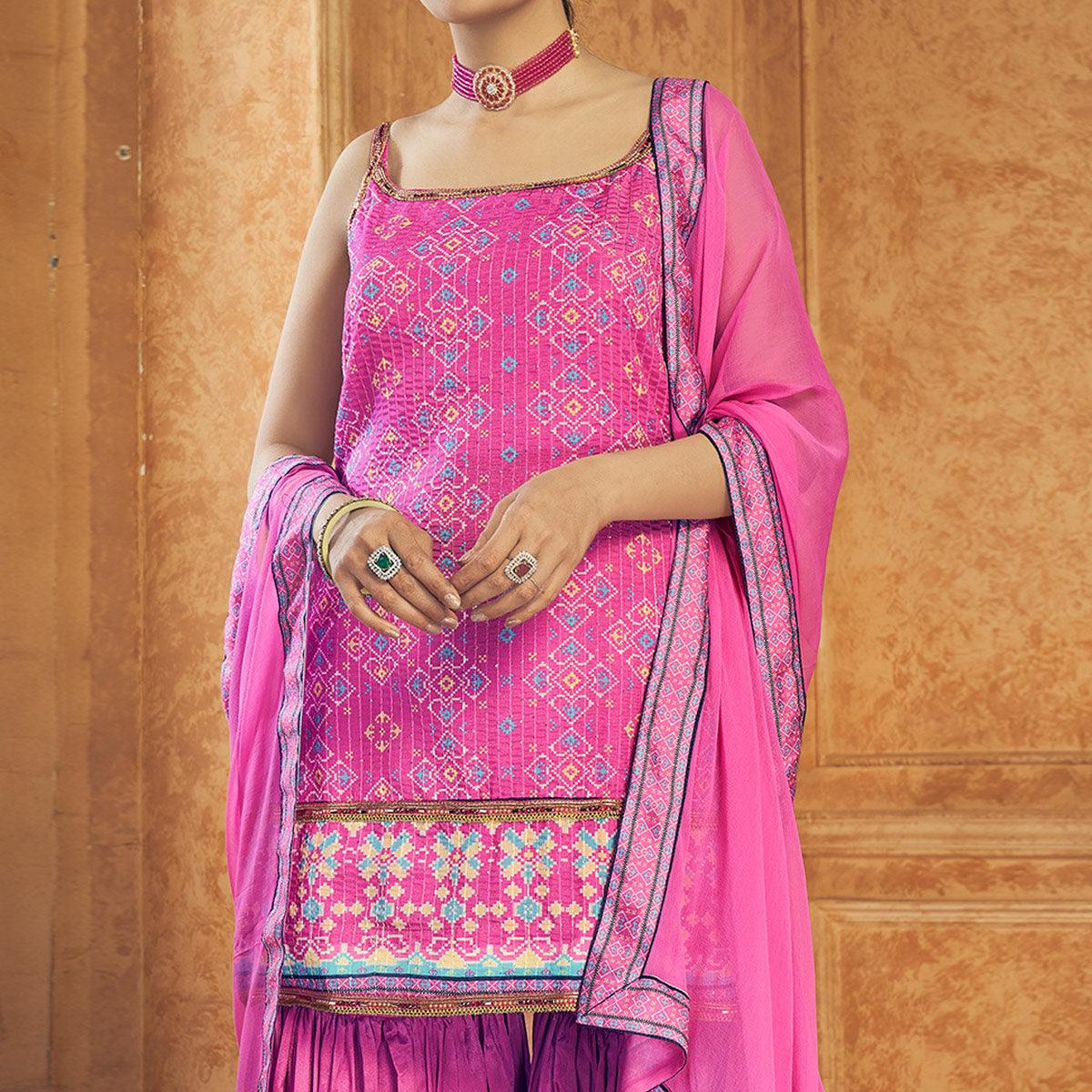 Hot Pink Party Wear Embroiddered Chiffon Sharara Suit - Peachmode