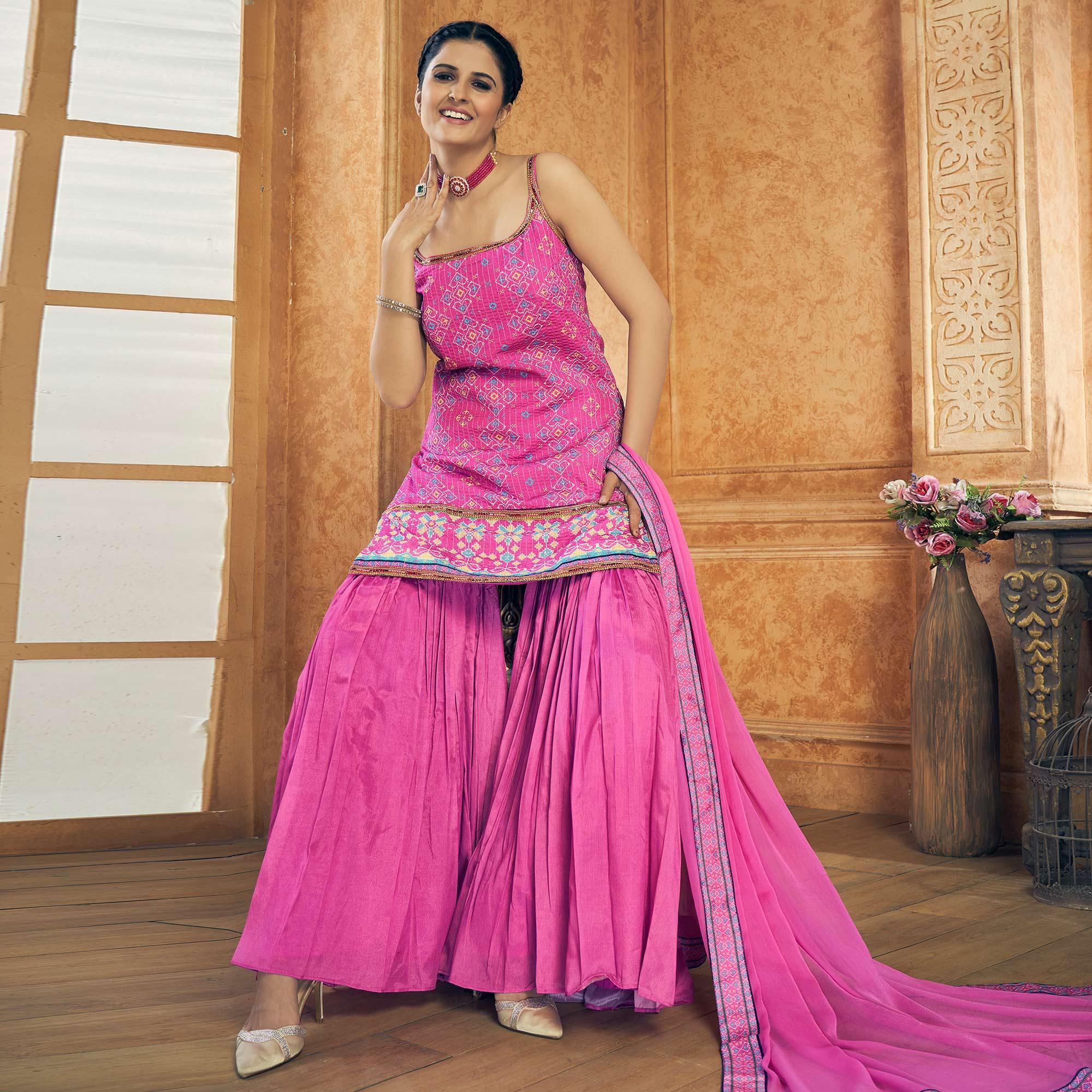 Hot Pink Party Wear Embroiddered Chiffon Sharara Suit - Peachmode