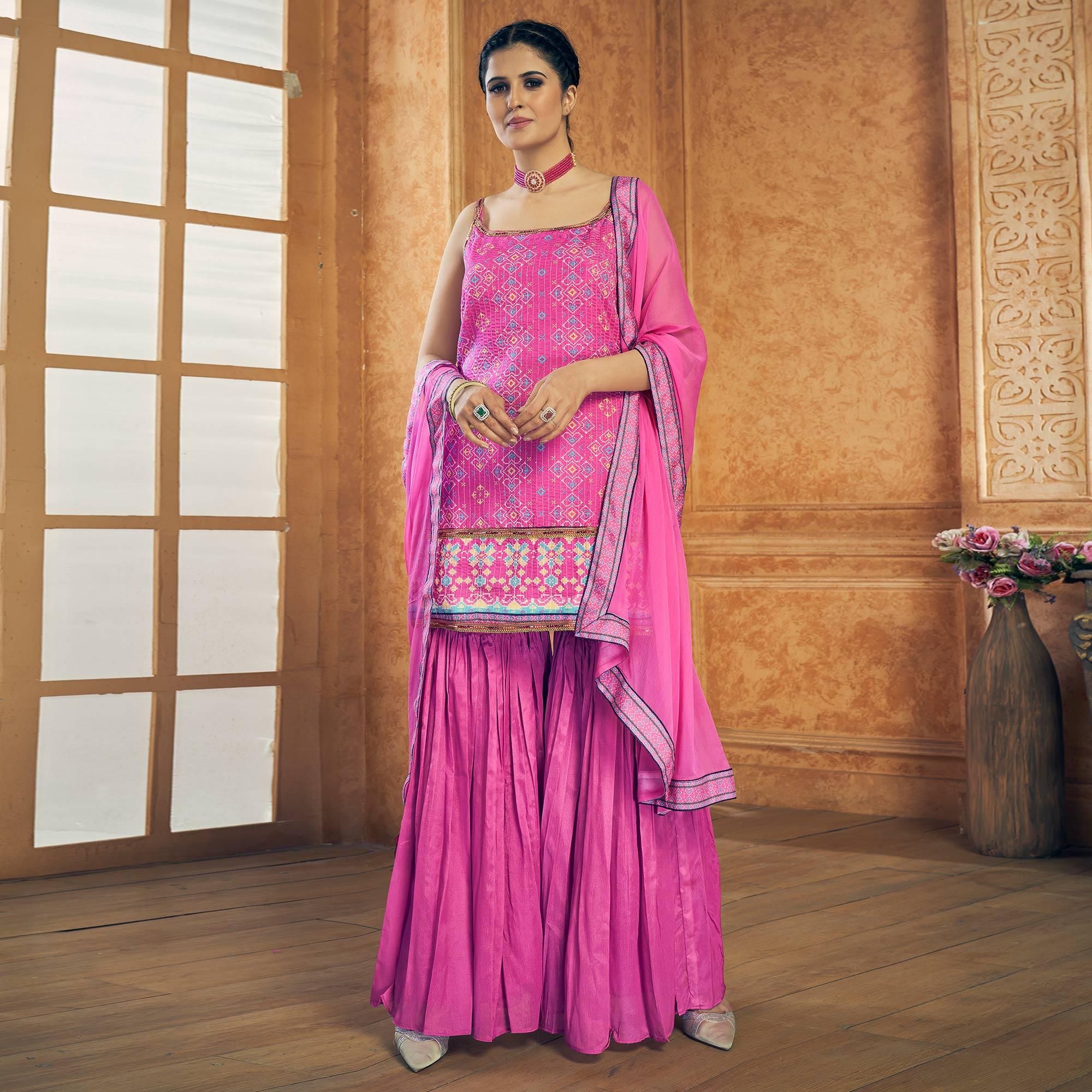 Hot Pink Party Wear Embroiddered Chiffon Sharara Suit - Peachmode