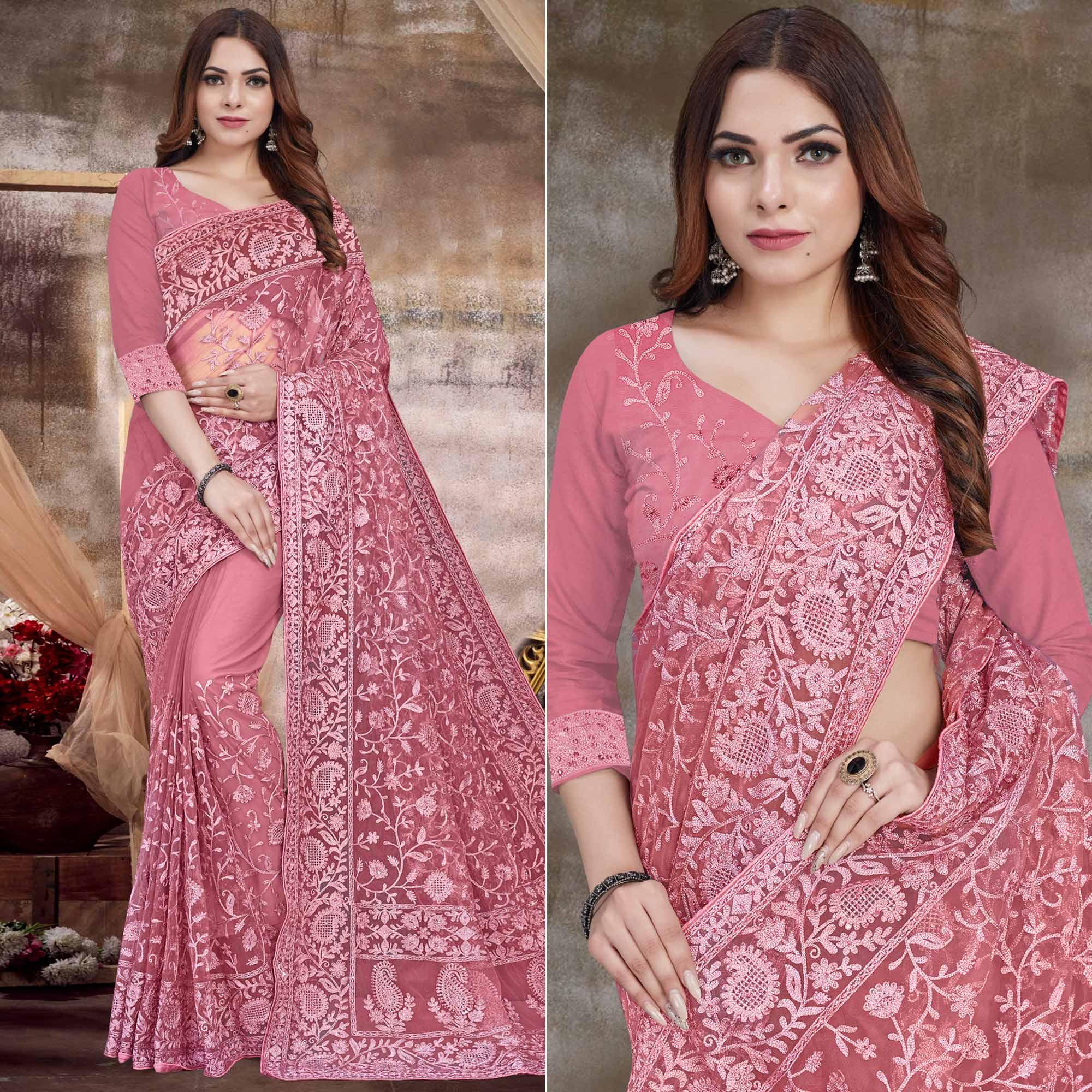 Hot Pink Partywear Embroidery With Embellished Net Saree - Peachmode