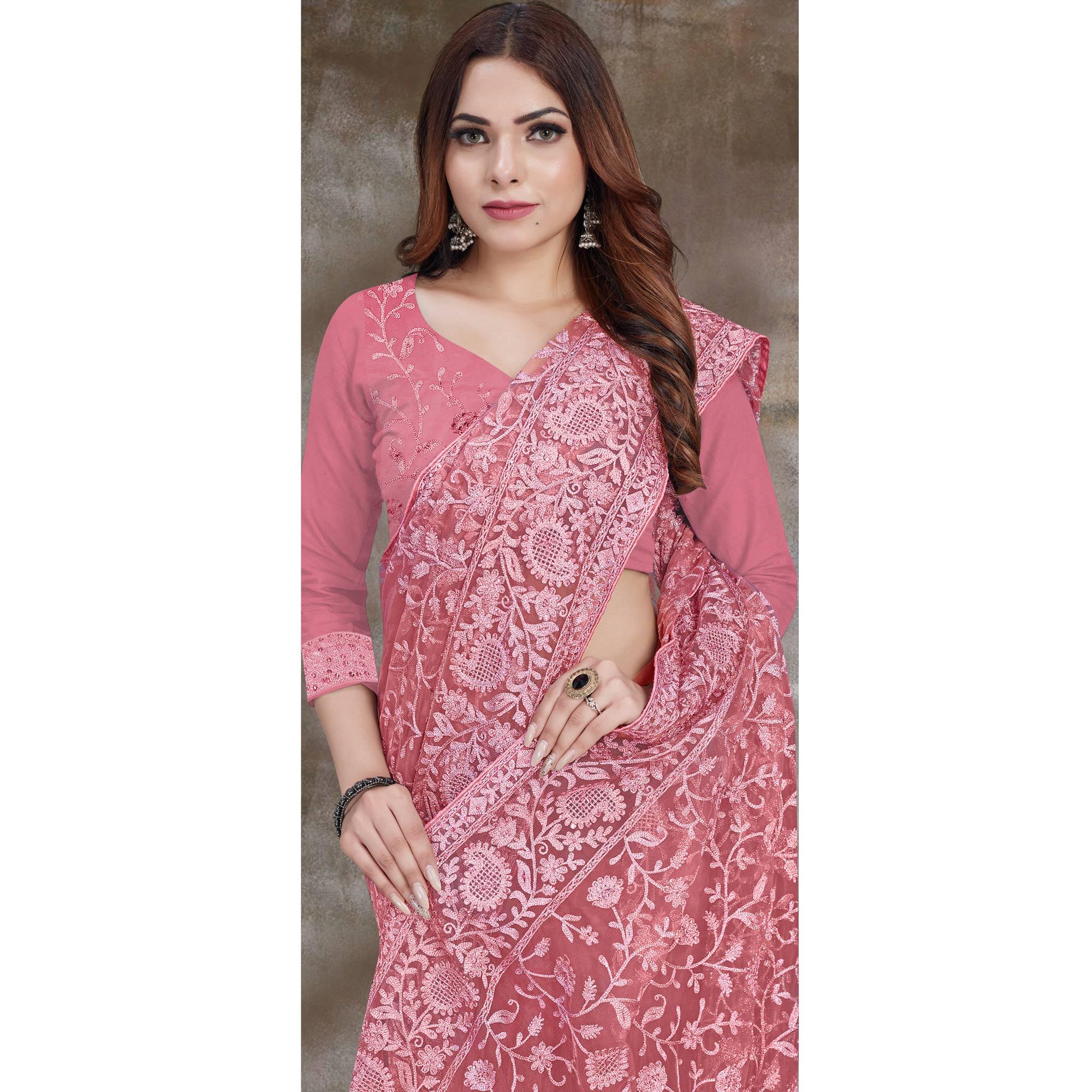 Hot Pink Partywear Embroidery With Embellished Net Saree - Peachmode