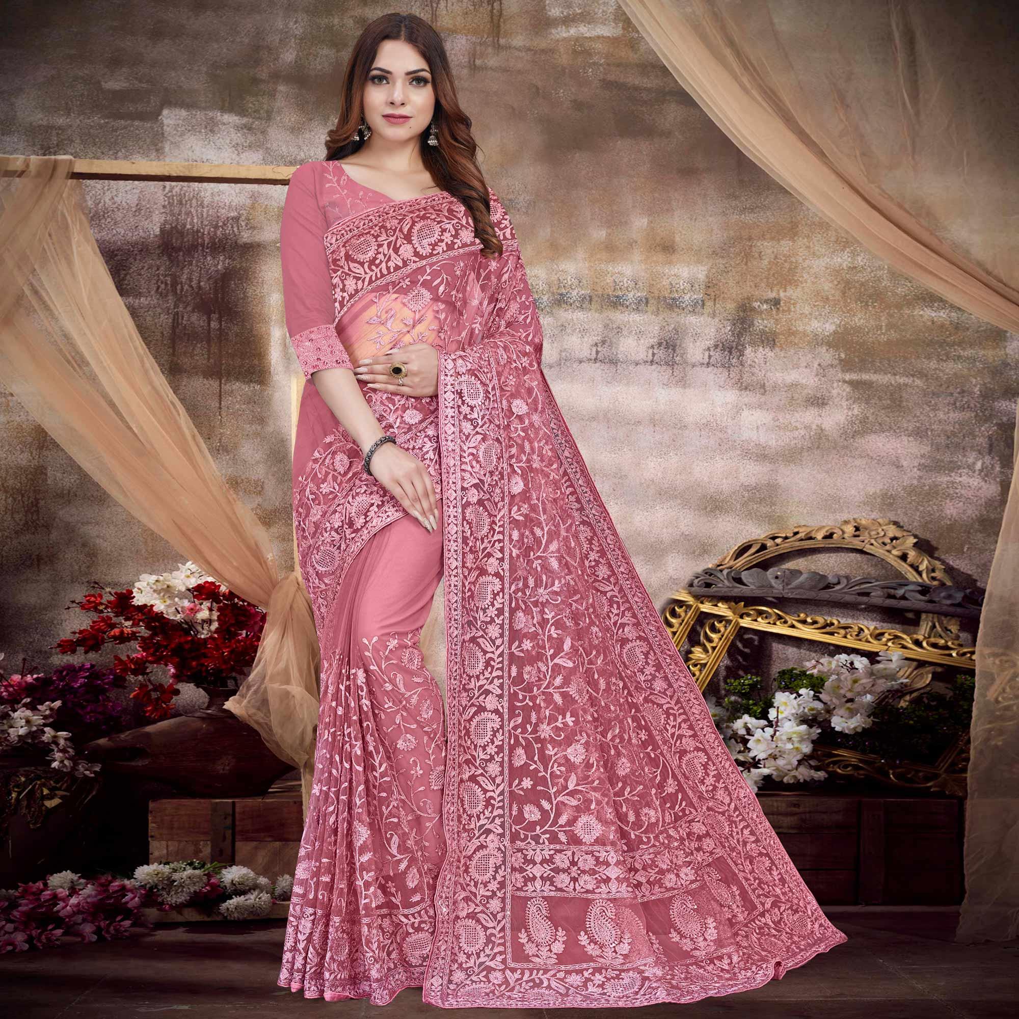 Hot Pink Partywear Embroidery With Embellished Net Saree - Peachmode