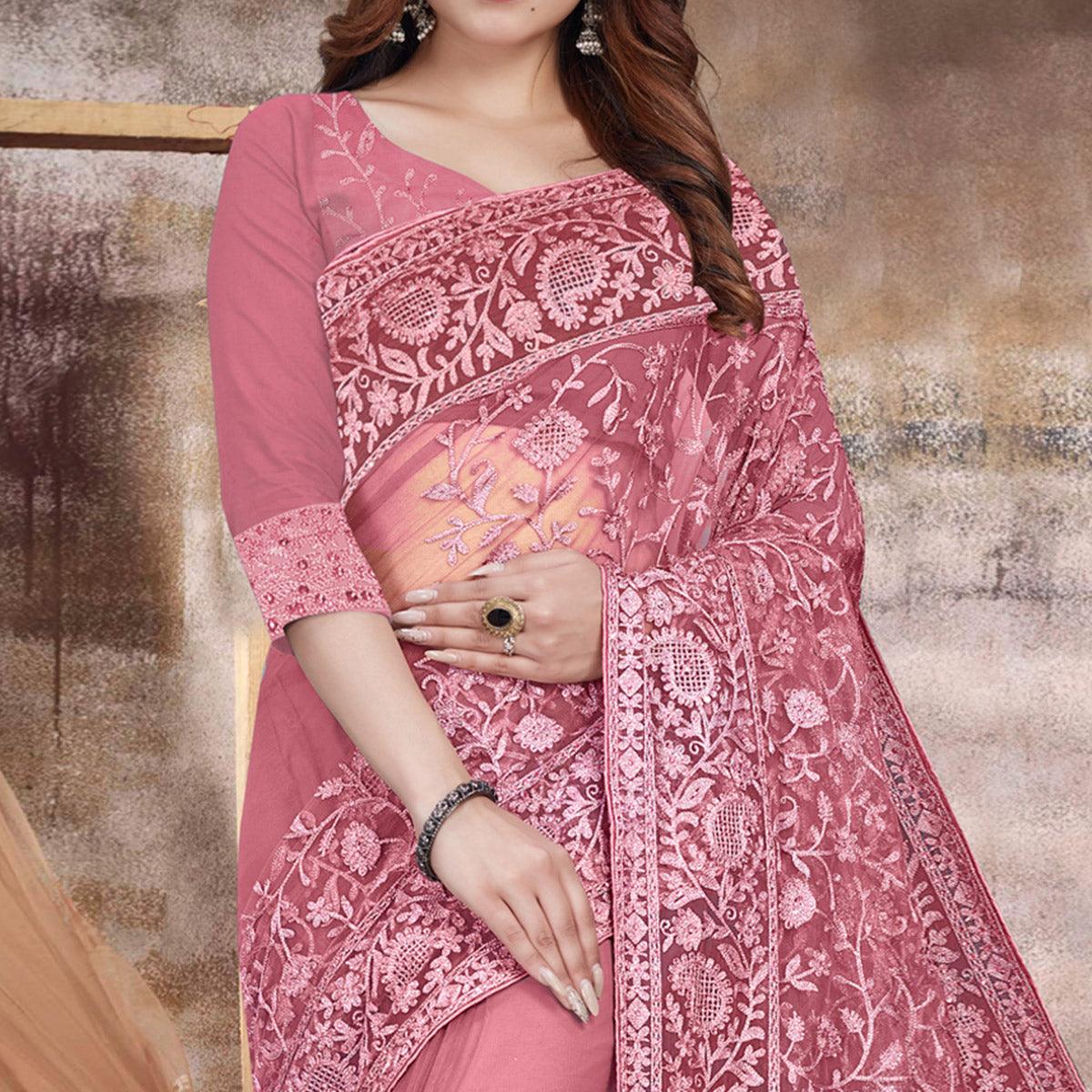 Hot Pink Partywear Embroidery With Embellished Net Saree - Peachmode