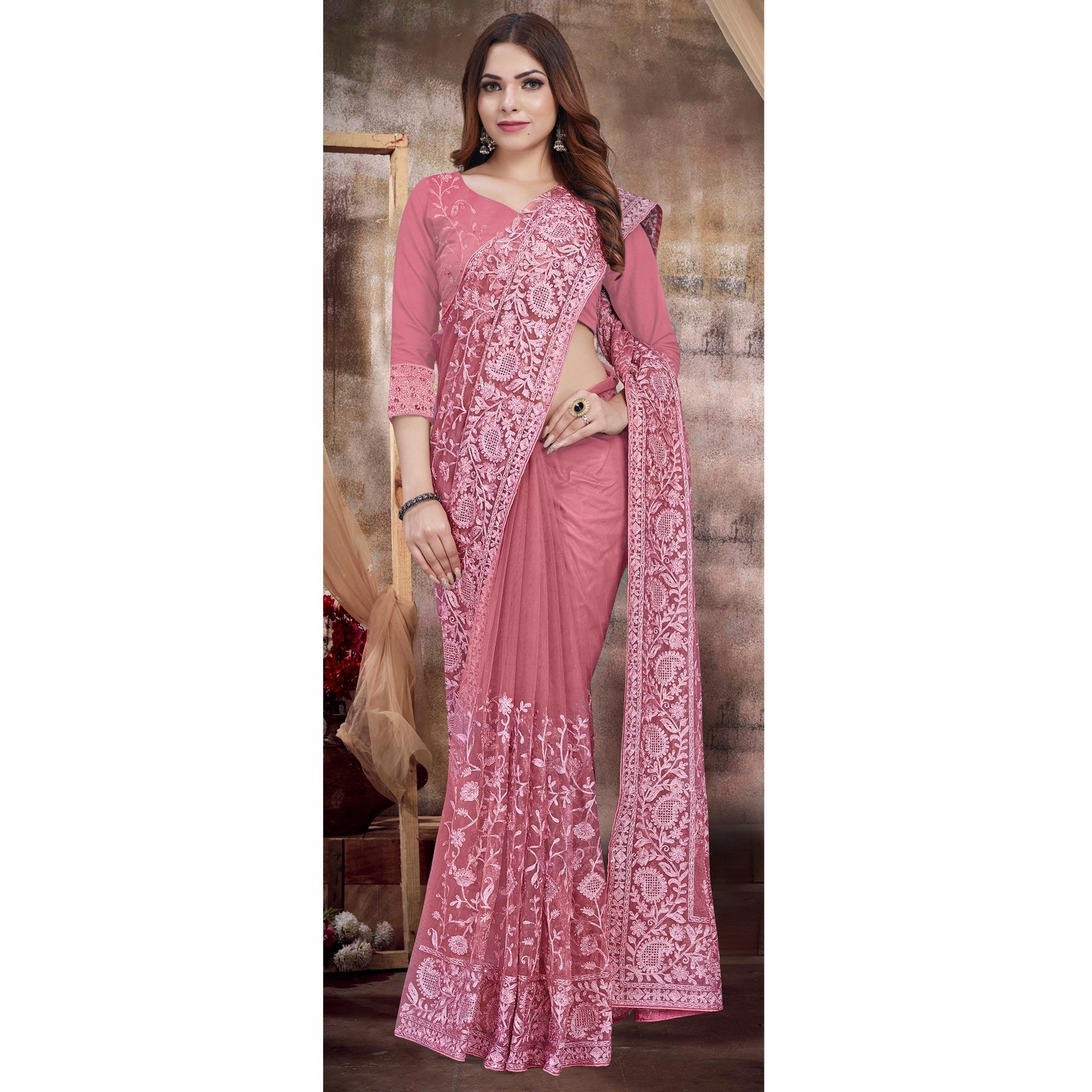 Hot Pink Partywear Embroidery With Embellished Net Saree - Peachmode