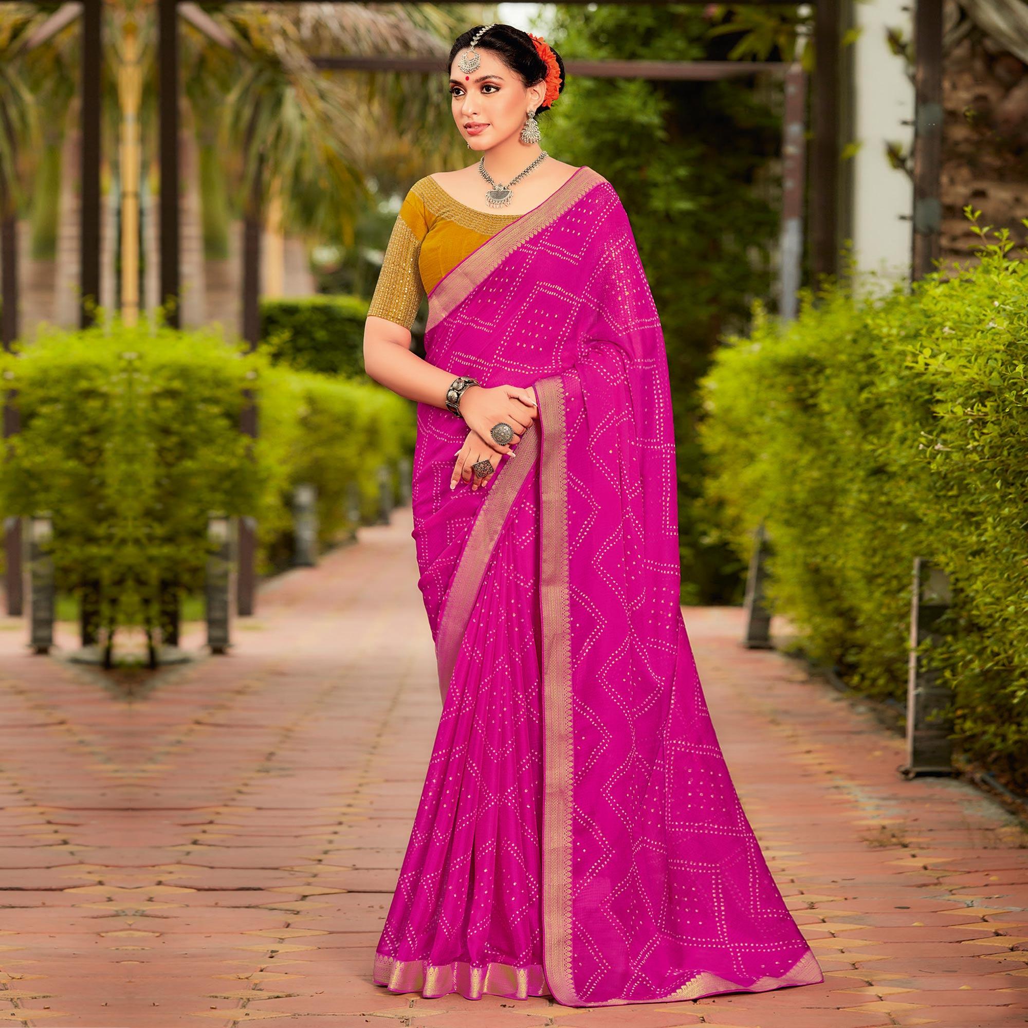 Hot Pink Partywear Printed Chiffon Saree With Border - Peachmode