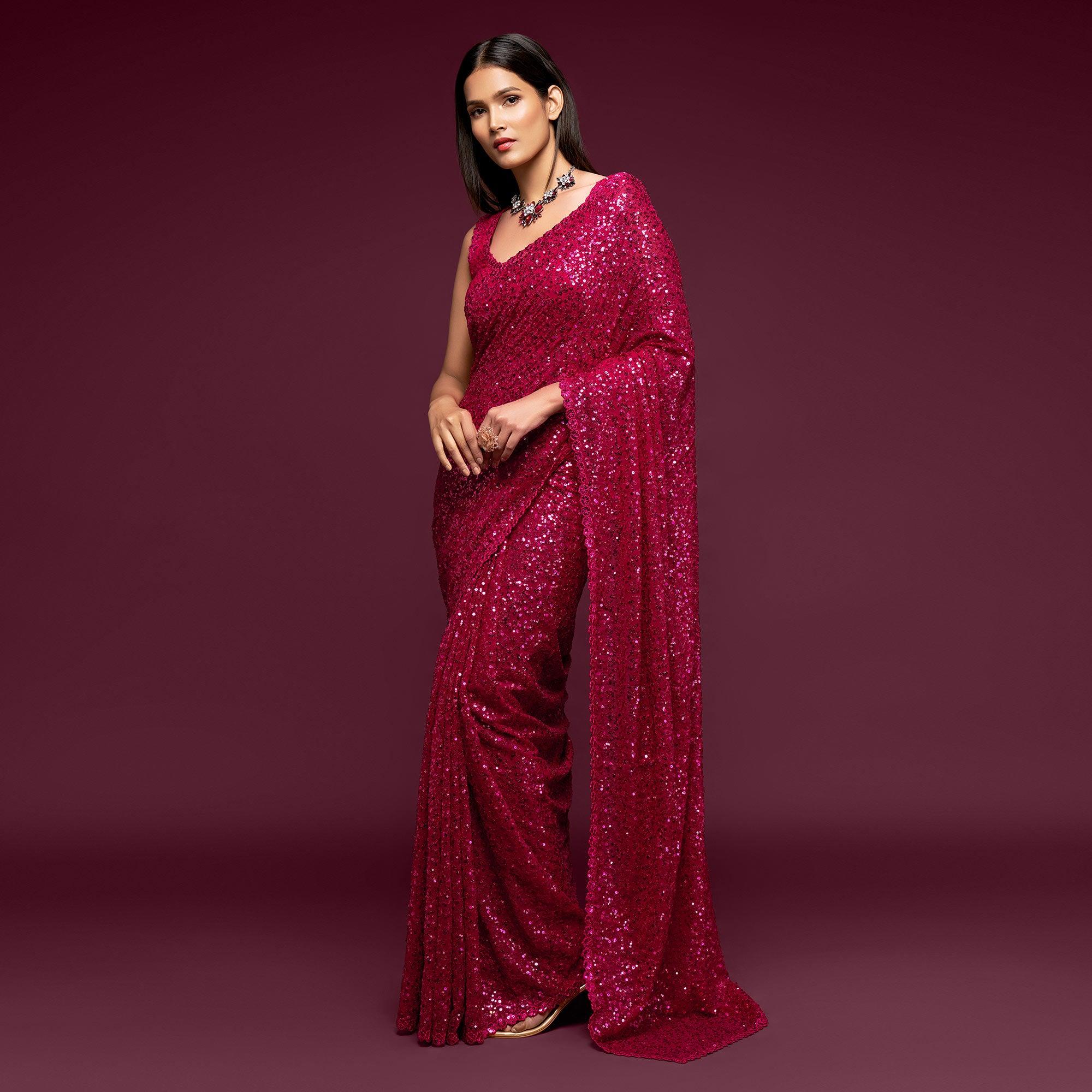 Hot Pink Partywear Thread & Sequins Embroidered Georgette Saree - Peachmode