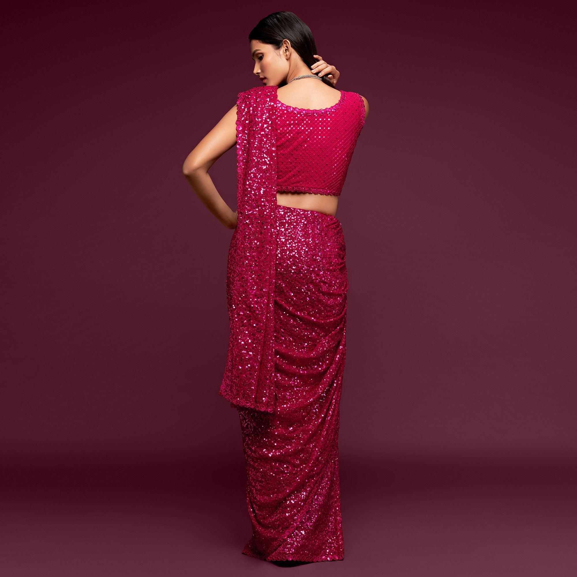 Hot Pink Partywear Thread & Sequins Embroidered Georgette Saree - Peachmode
