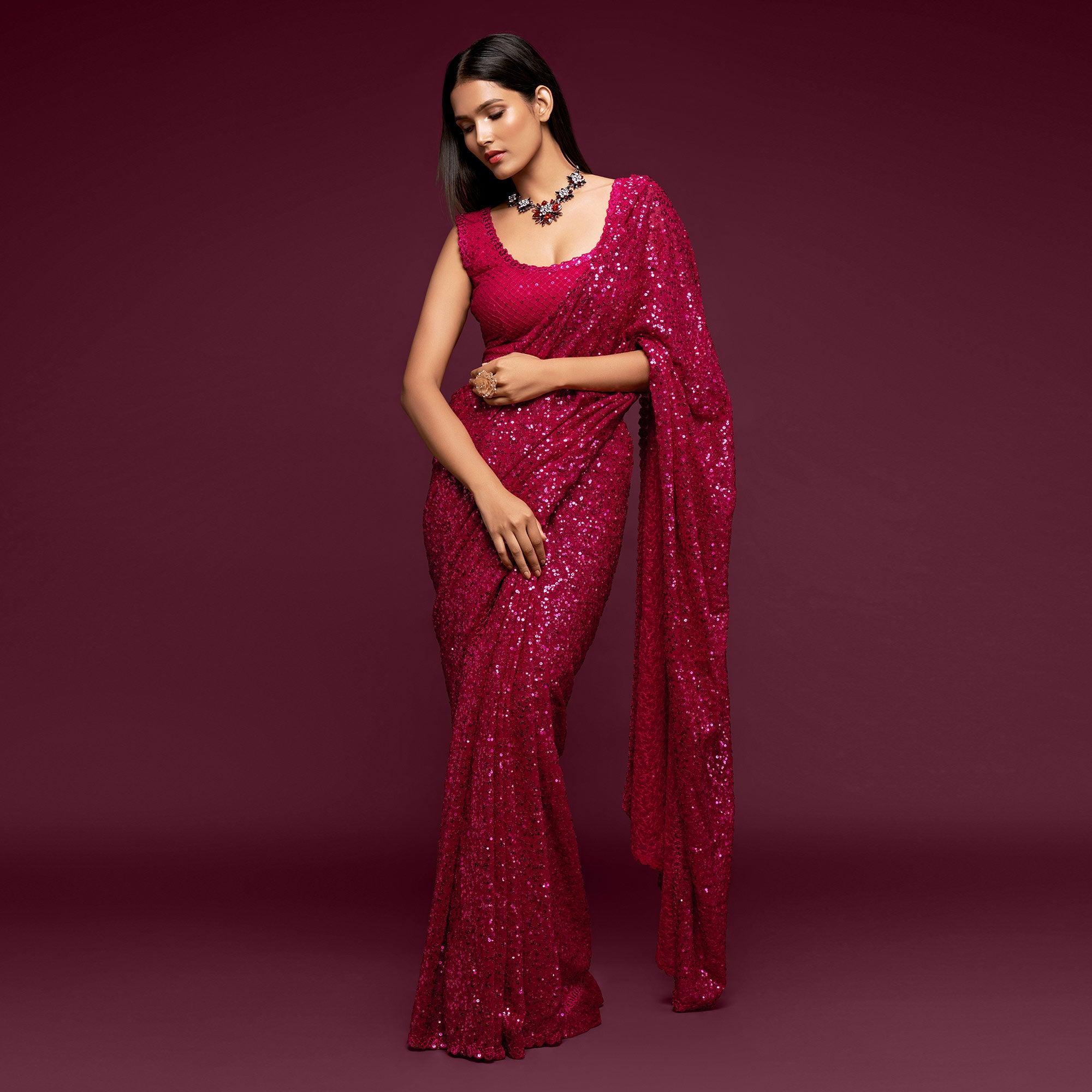 Hot Pink Partywear Thread & Sequins Embroidered Georgette Saree - Peachmode