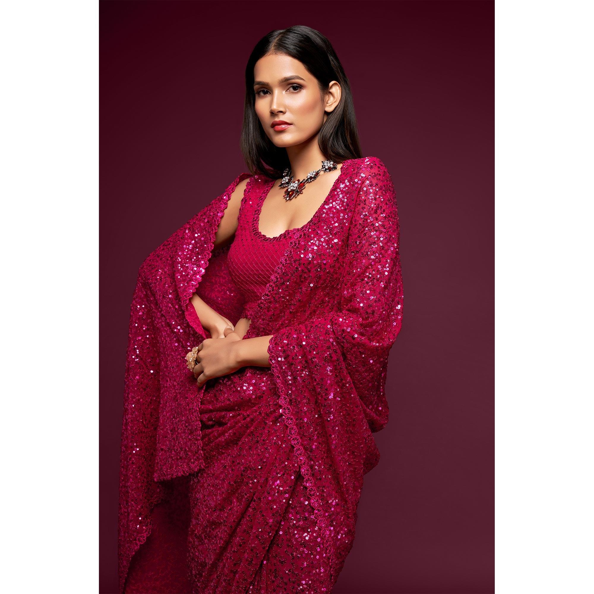 Hot Pink Partywear Thread & Sequins Embroidered Georgette Saree - Peachmode