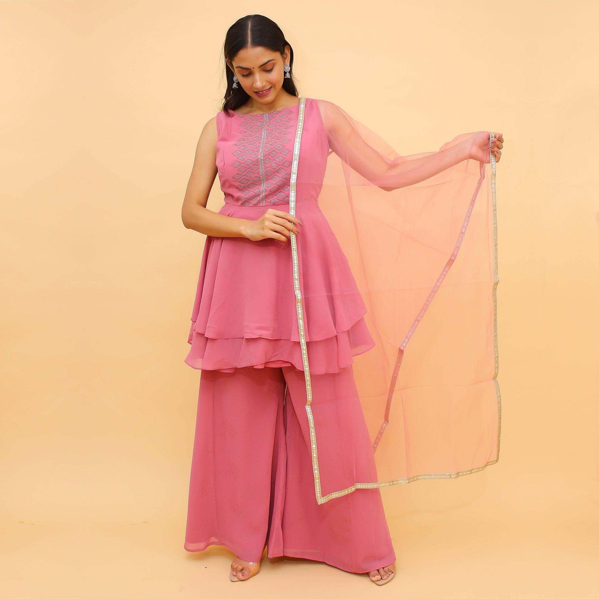 Hot Pink Swarovski Work Georgette Sharara Suit - Peachmode