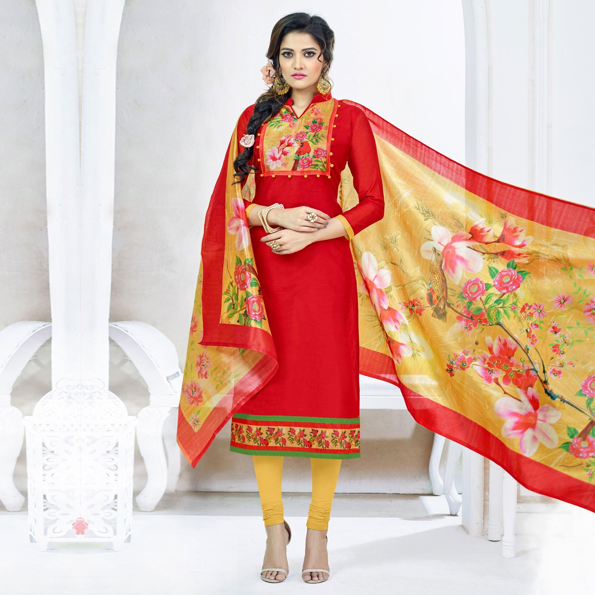 Hot Red Colored Casual Printed Chanderi Dress Material - Peachmode
