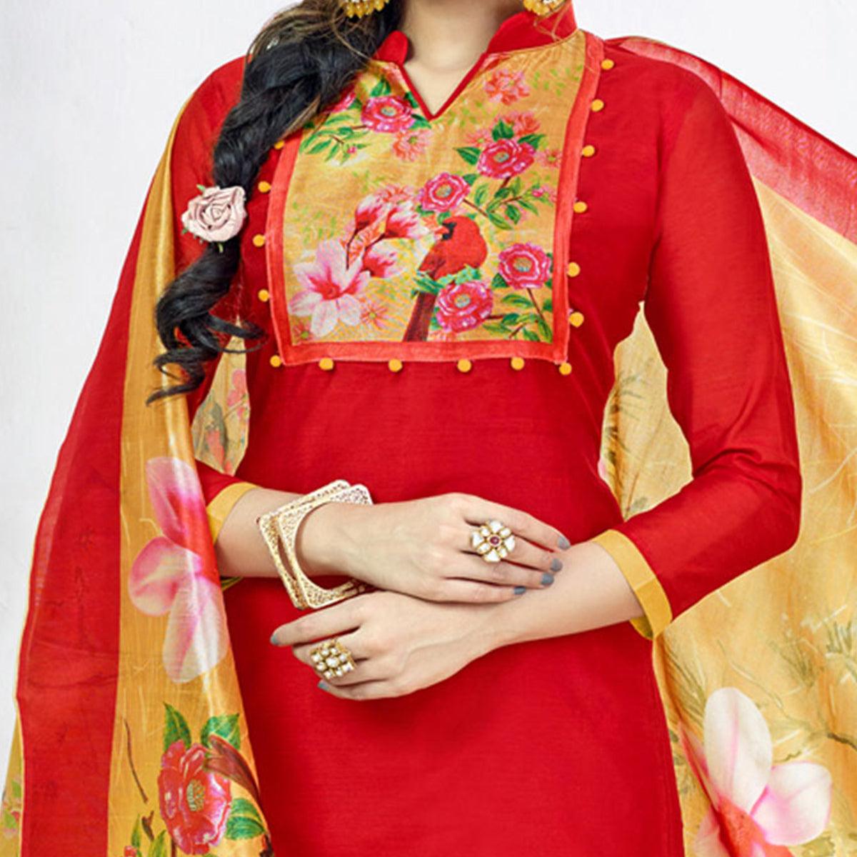 Hot Red Colored Casual Printed Chanderi Dress Material - Peachmode