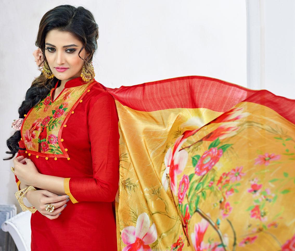 Hot Red Colored Casual Printed Chanderi Dress Material - Peachmode