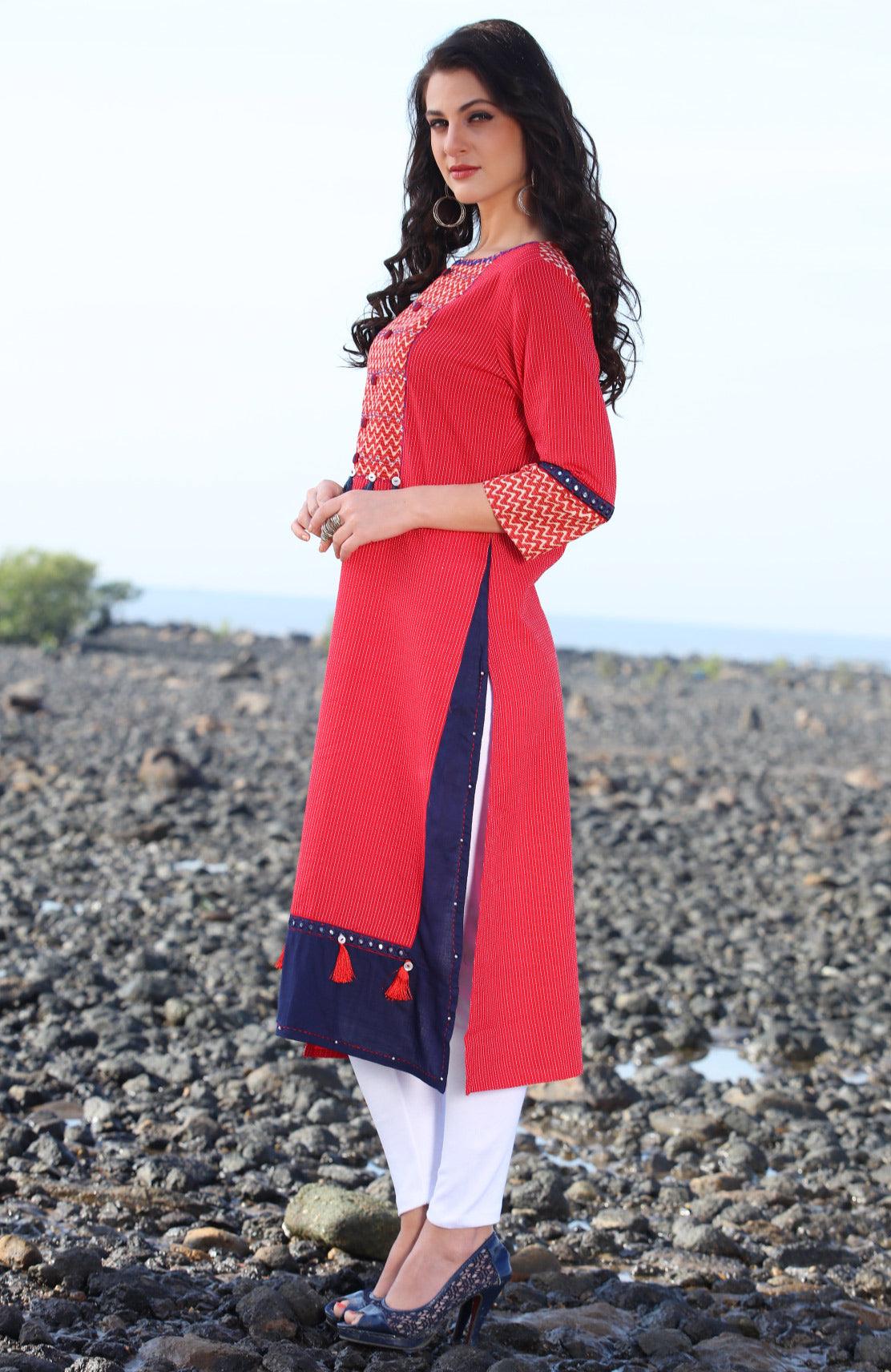Hot Red Designer Rayon Kurti - Peachmode