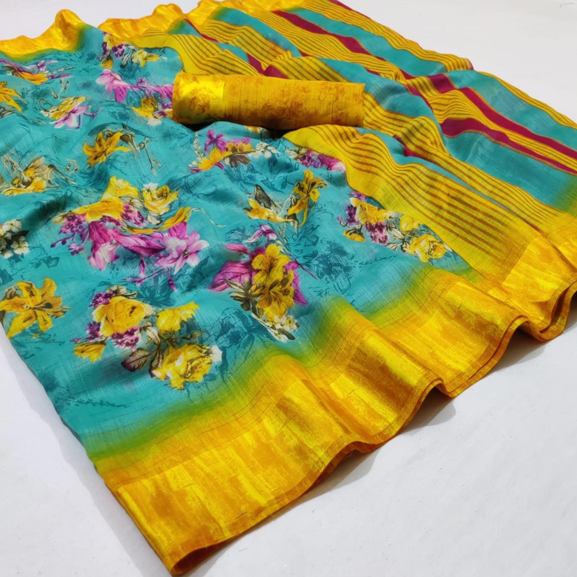 Hypnotic Aqua Blue Colored Casual Wear Printed Linen Saree - Peachmode