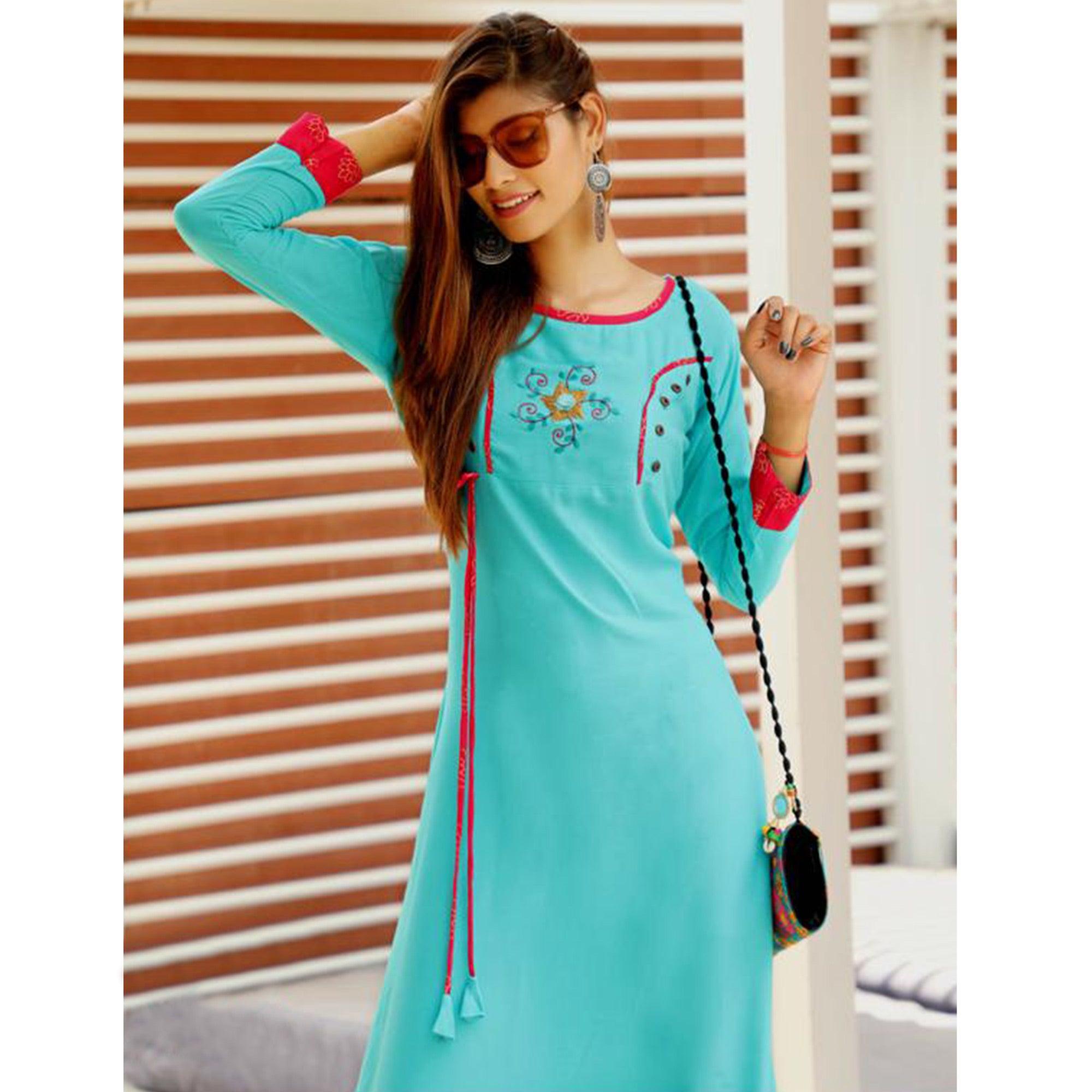 Hypnotic Aqua Blue Colored Partywear Handwork Rayon Long Kurti - Peachmode