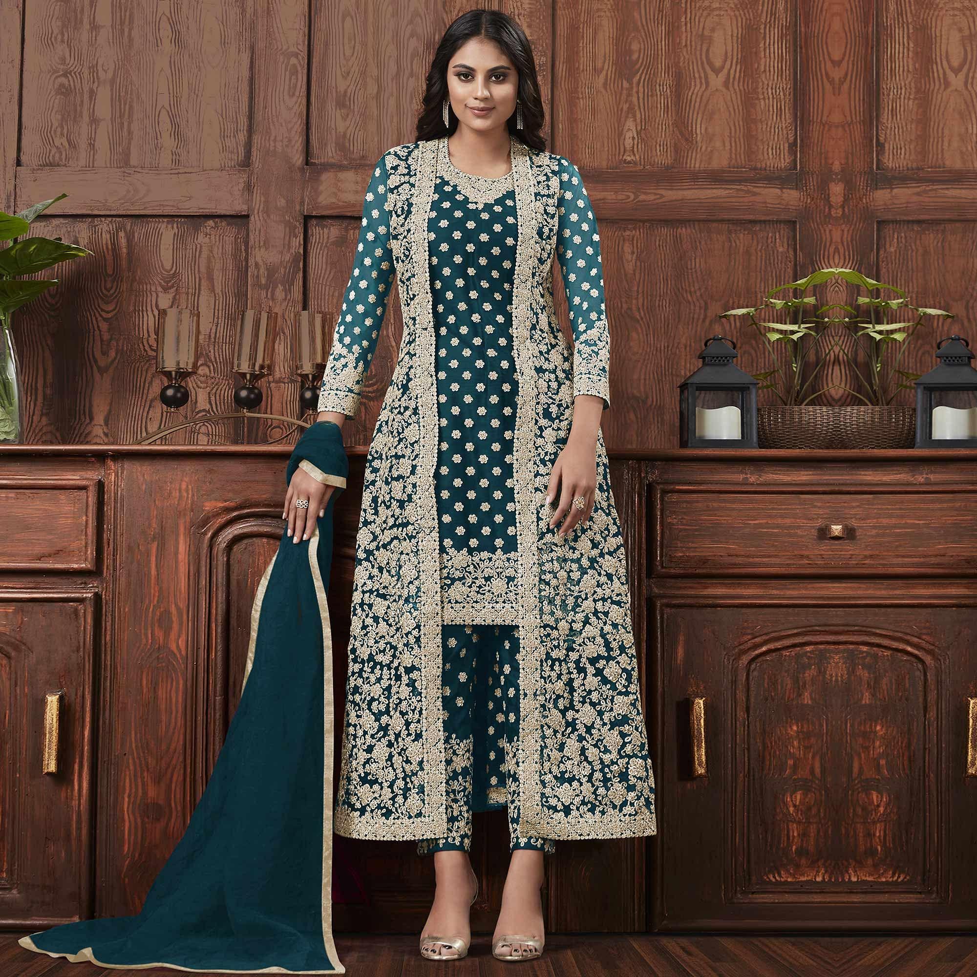 Hypnotic Aqua Blue Coloured Partywear Embroidered Butterfly Net Pakistani Straight Suit - Peachmode