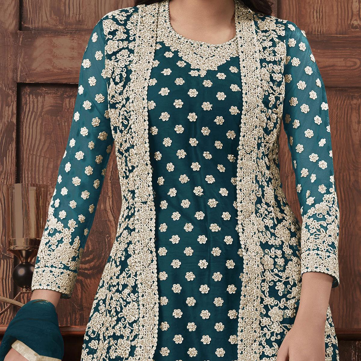 Hypnotic Aqua Blue Coloured Partywear Embroidered Butterfly Net Pakistani Straight Suit - Peachmode