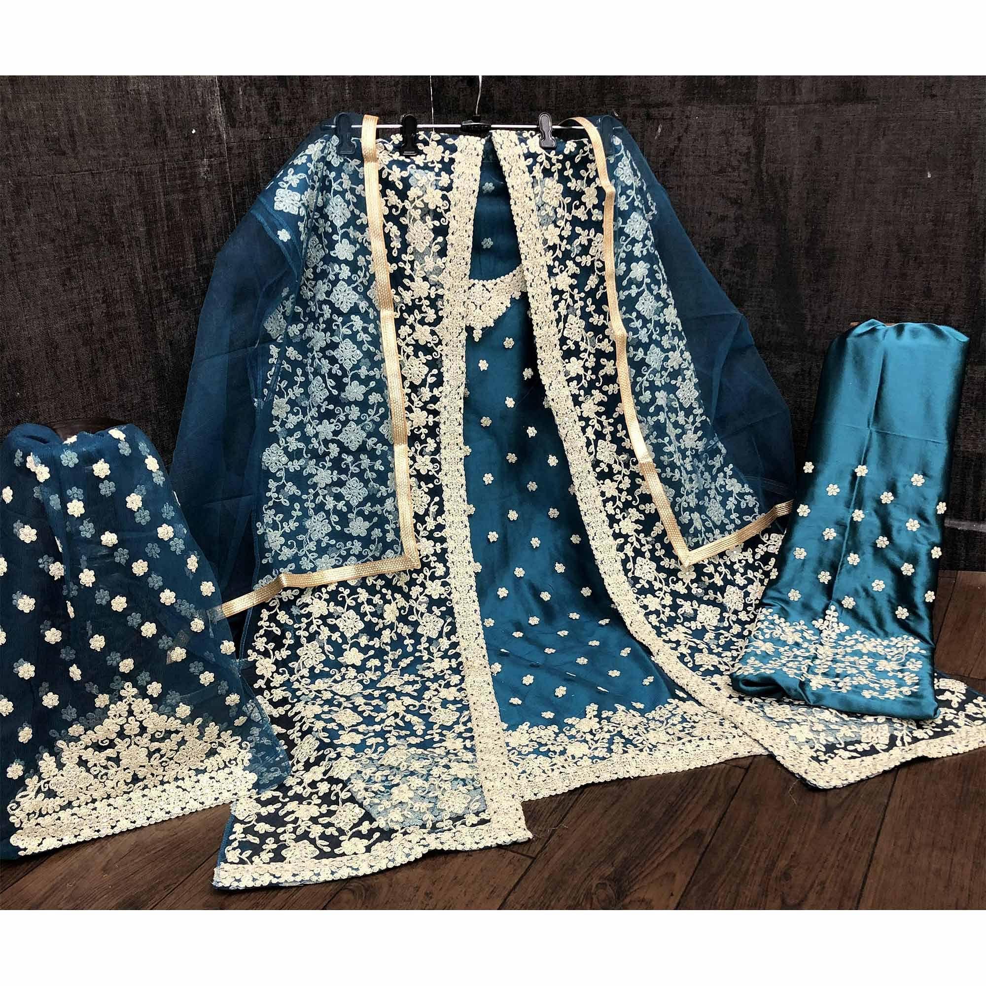 Hypnotic Aqua Blue Coloured Partywear Embroidered Butterfly Net Pakistani Straight Suit - Peachmode