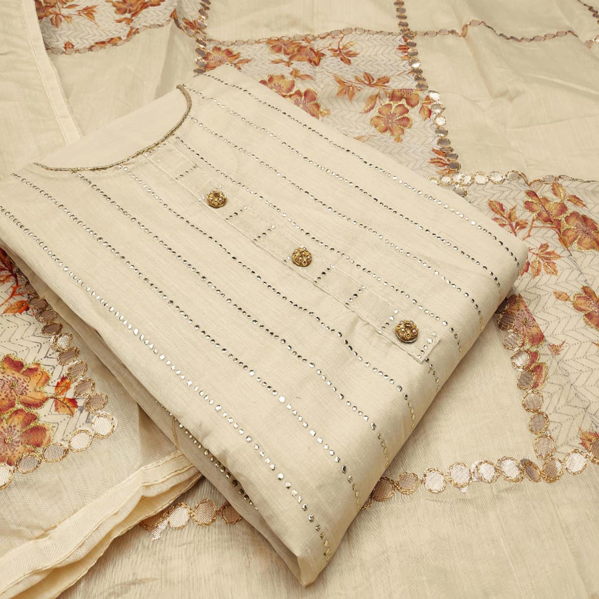 Hypnotic Beige Colored Casual Wear Embroidered Modal Silk Dress Material - Peachmode