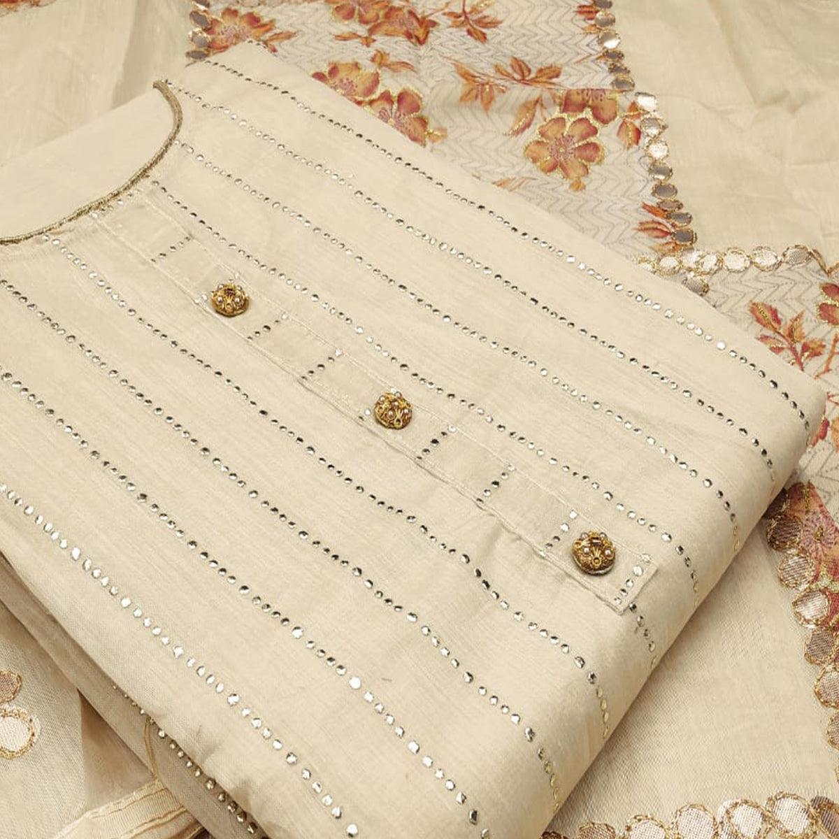 Hypnotic Beige Colored Casual Wear Embroidered Modal Silk Dress Material - Peachmode
