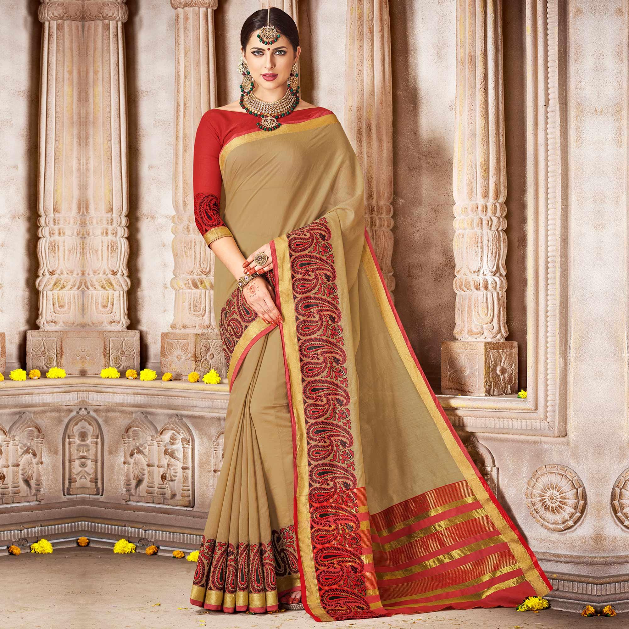 Hypnotic Beige Colored Festive Wear Woven Cotton Saree - Peachmode
