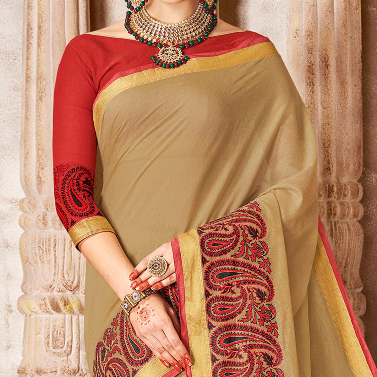 Hypnotic Beige Colored Festive Wear Woven Cotton Saree - Peachmode