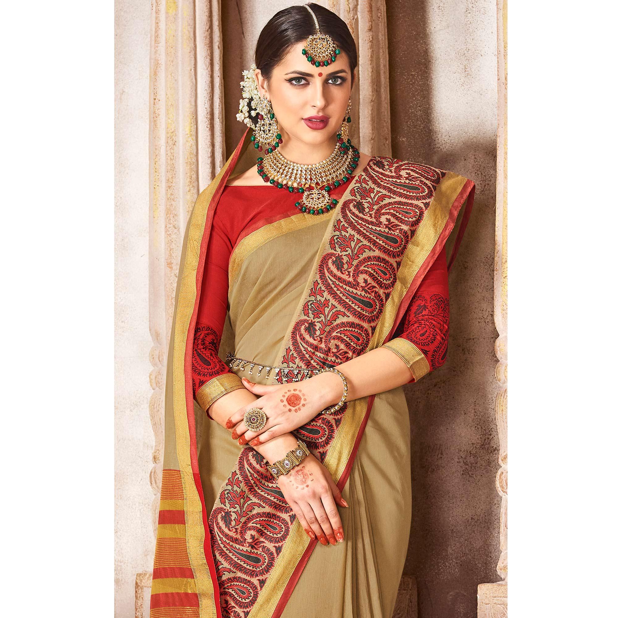 Hypnotic Beige Colored Festive Wear Woven Cotton Saree - Peachmode