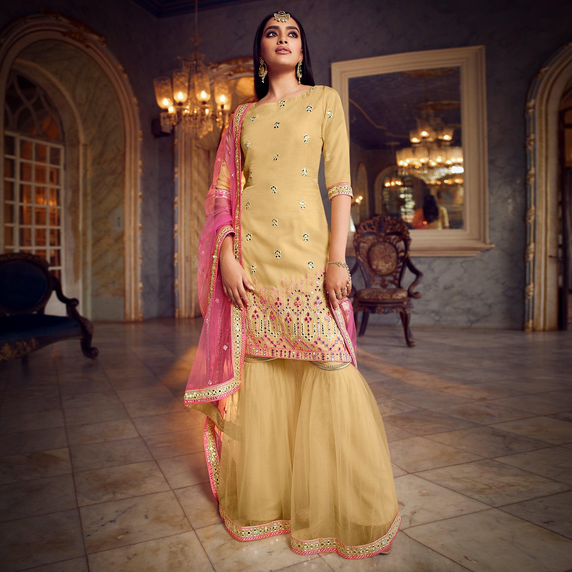 Hypnotic Beige Coloured Partywear Thread Foil Mirror Work Organza Pallazo Suit - Peachmode