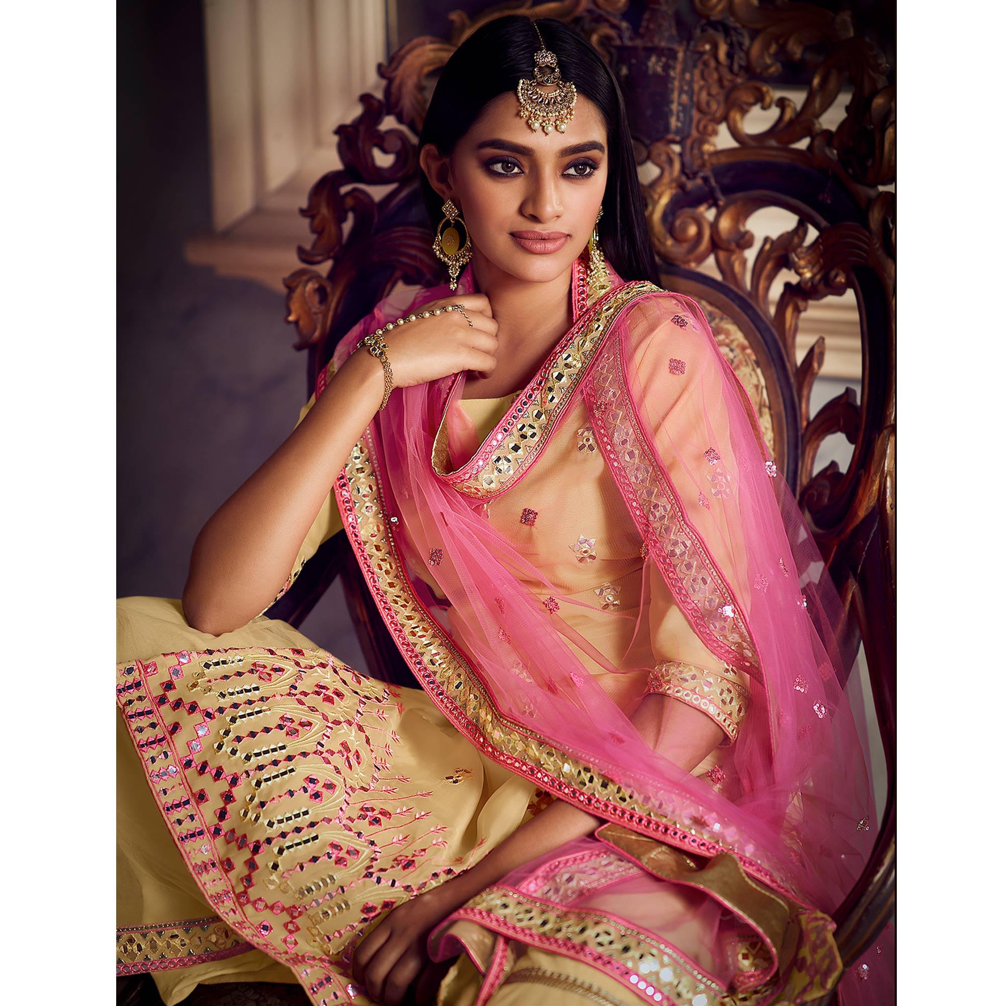 Hypnotic Beige Coloured Partywear Thread Foil Mirror Work Organza Pallazo Suit - Peachmode