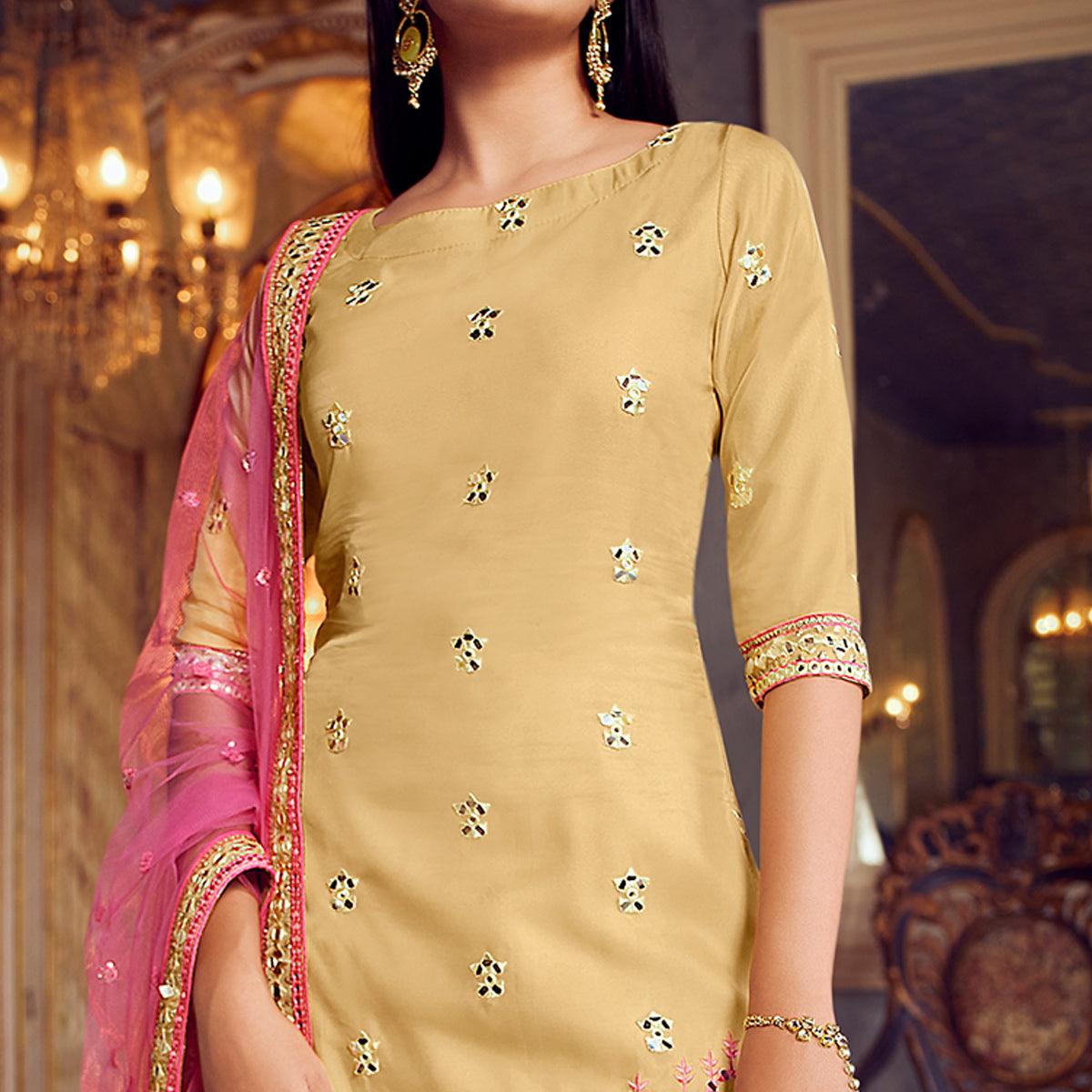 Hypnotic Beige Coloured Partywear Thread Foil Mirror Work Organza Pallazo Suit - Peachmode