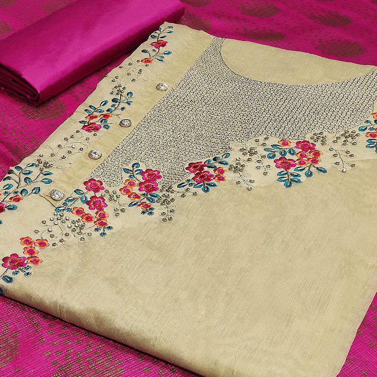 Hypnotic Beige-Pink Colored Casual Embroidered Modal Silk Dress Material - Peachmode