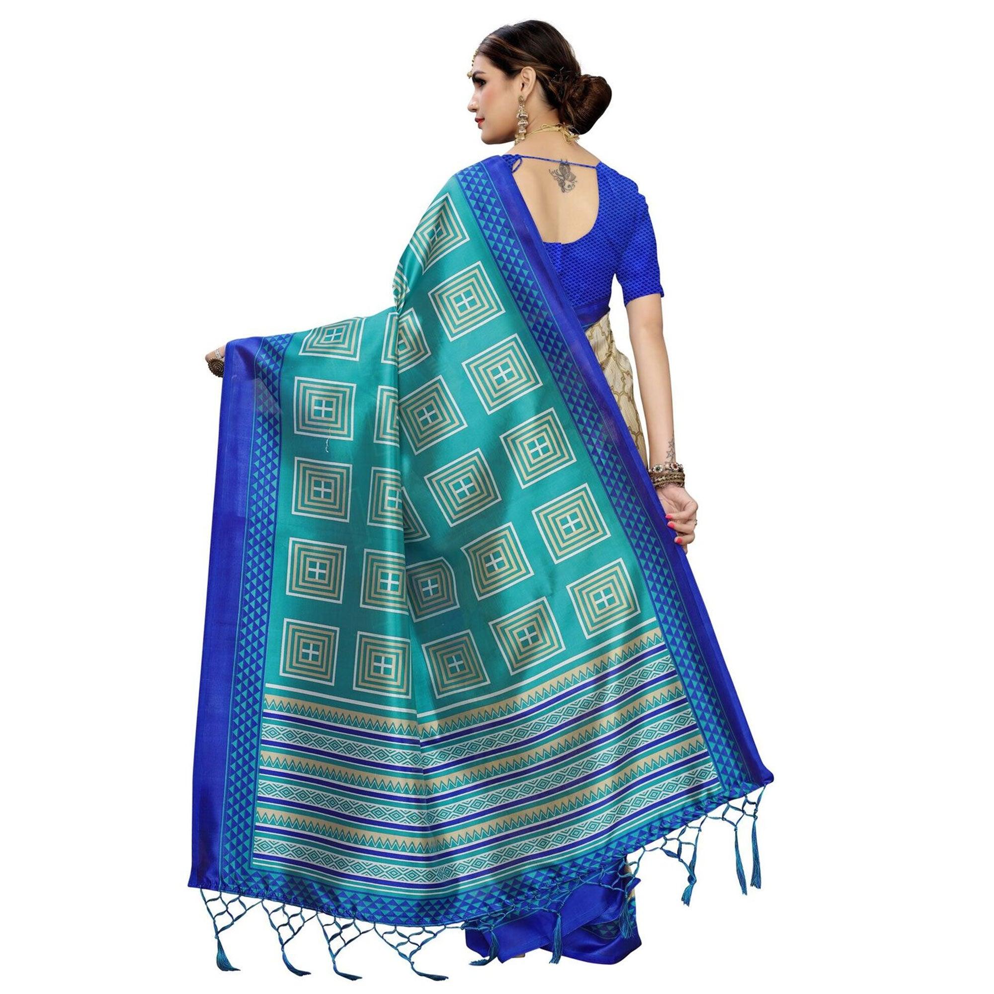 Hypnotic Beige-Rama Green Colored Casual Printed Art Silk Saree - Peachmode