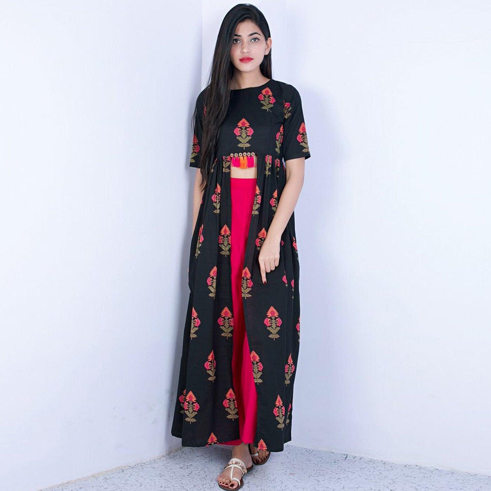 Hypnotic Black Colored Partywear Embroidered Linen Long Top-Palazzo Set - Peachmode