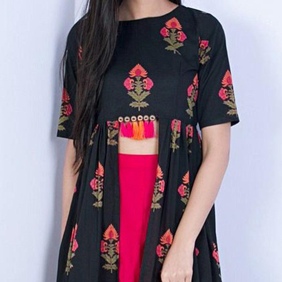 Hypnotic Black Colored Partywear Embroidered Linen Long Top-Palazzo Set - Peachmode