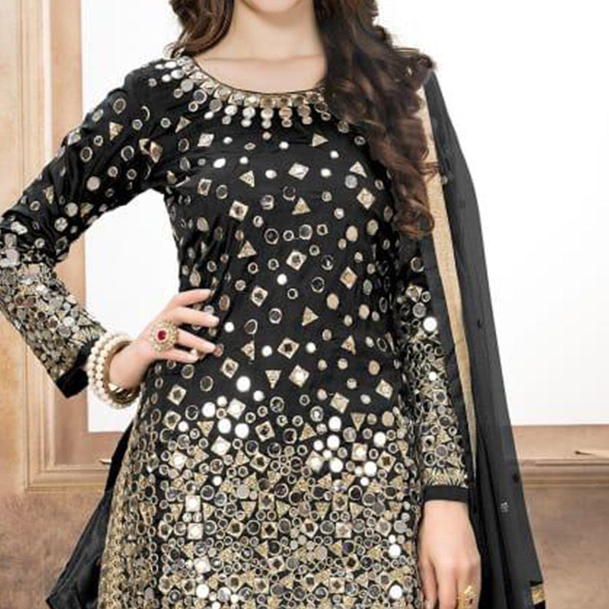 Hypnotic Black Colored Partywear Embroidered Tapeta Silk Patiala Suit - Peachmode