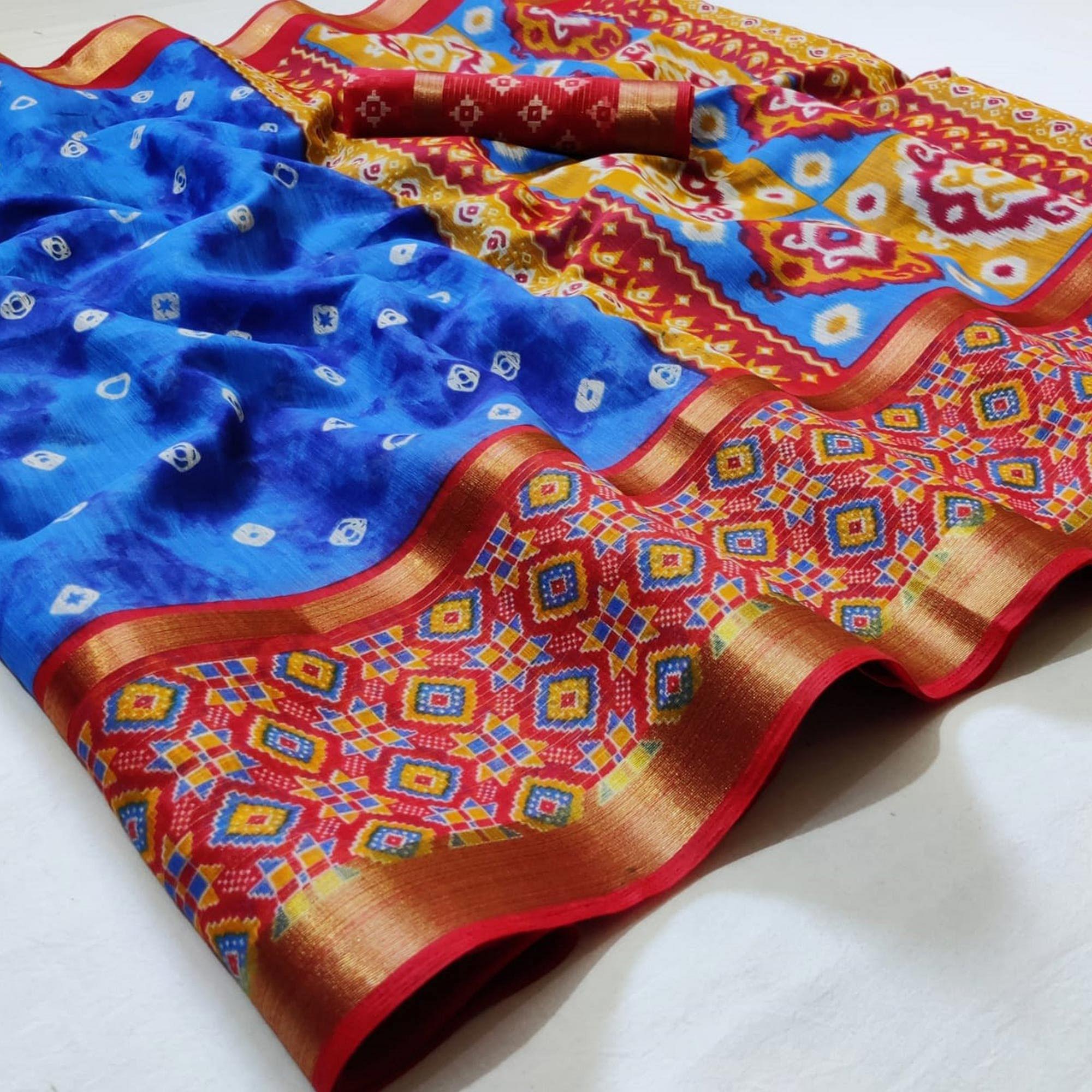 Hypnotic Blue Colored Casual Wear Printed Cotton Saree - Peachmode