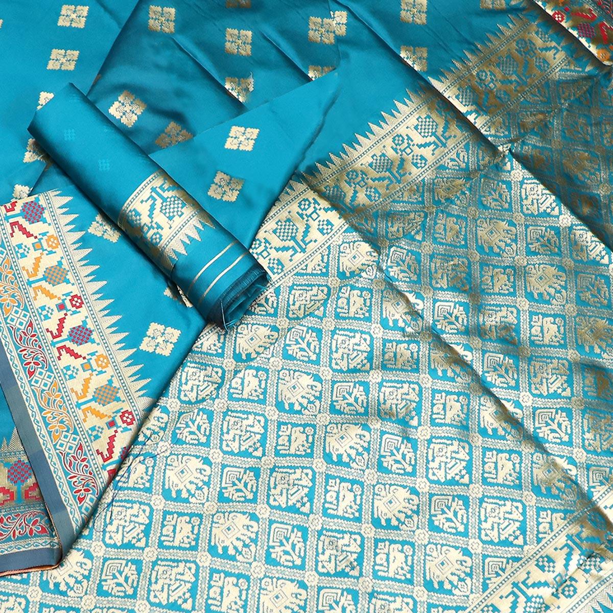 Hypnotic Blue Colored Festive Wear Woven Banarasi Silk Saree - Peachmode