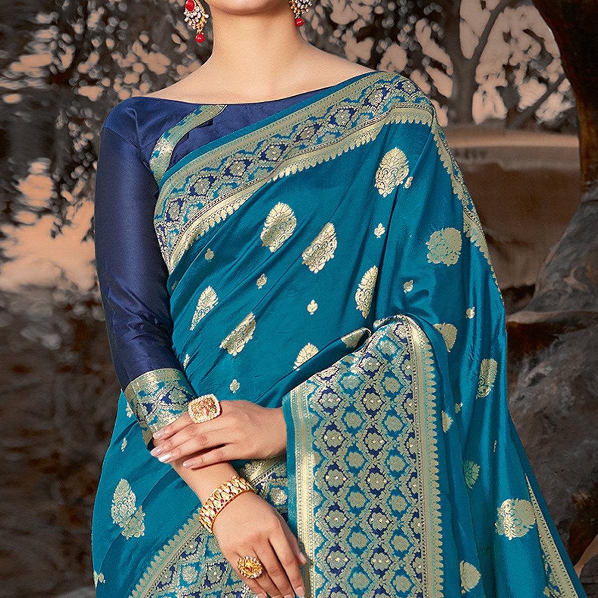 Hypnotic Blue Colored Festive Wear Woven Silk Saree - Peachmode