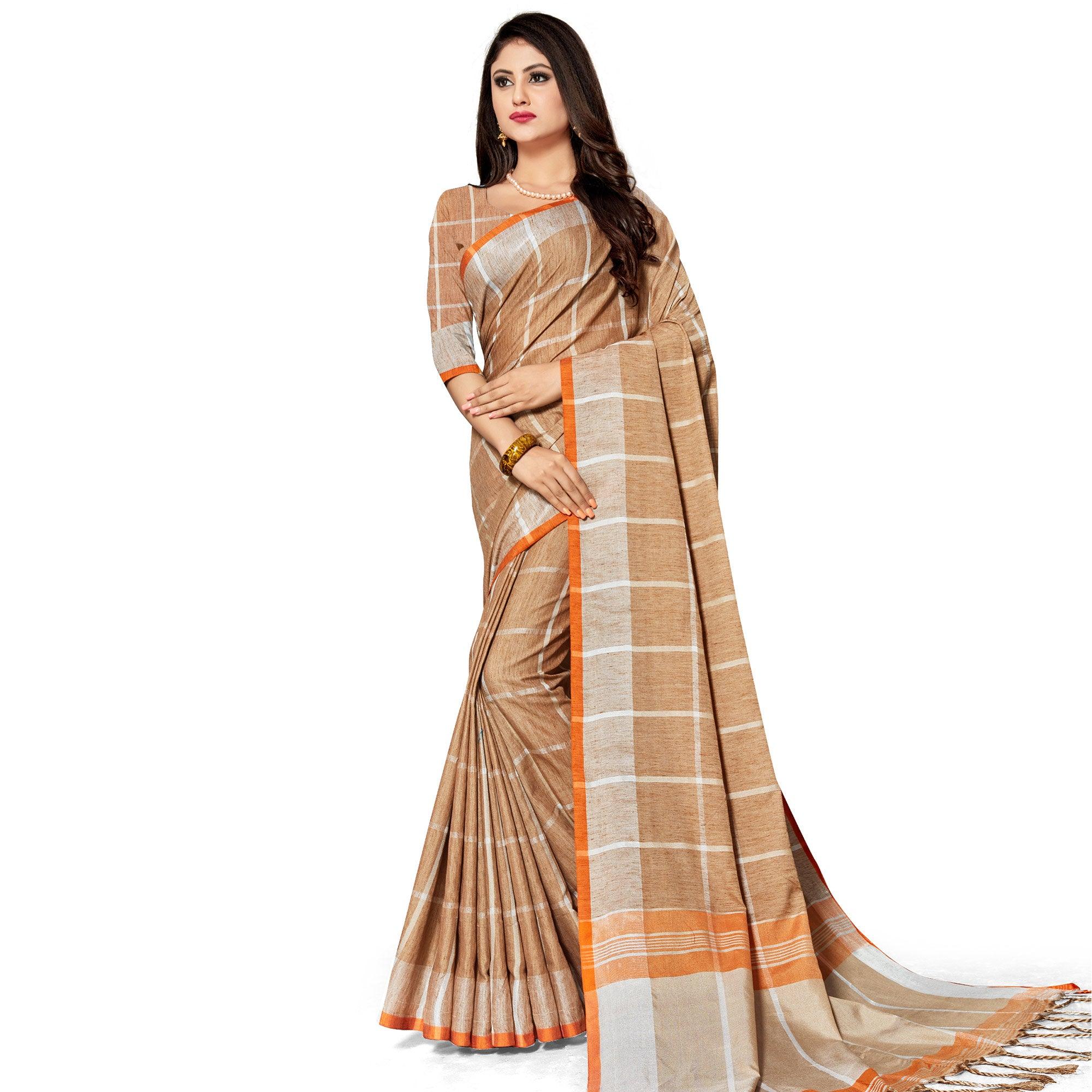 Hypnotic Brown Colored Fesive Wear Stripe Print Cotton Silk Saree With Tassels - Peachmode