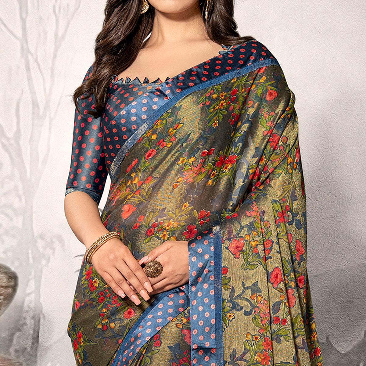 Hypnotic Dark Grey Colored Partywear Printed Chiffon Saree - Peachmode