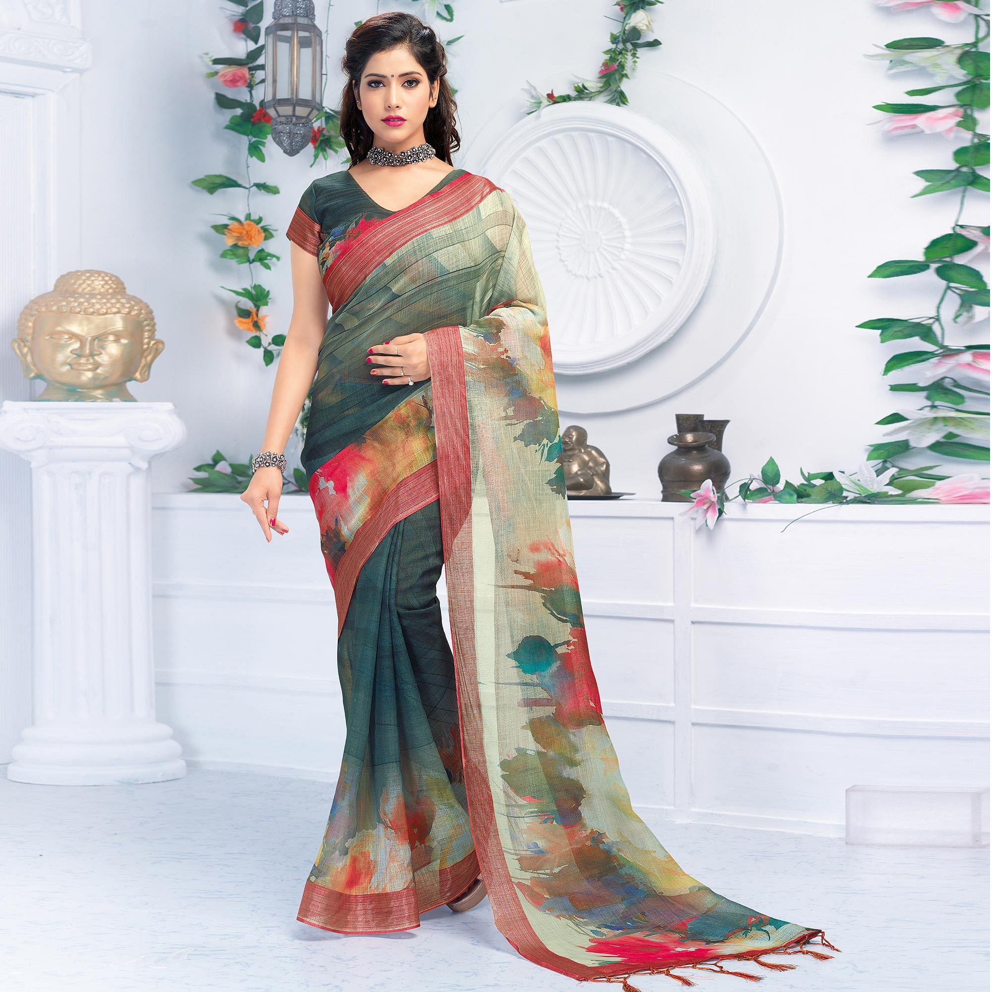 Hypnotic Green Colored Casual Wear Printed Pure Linen Saree - Peachmode