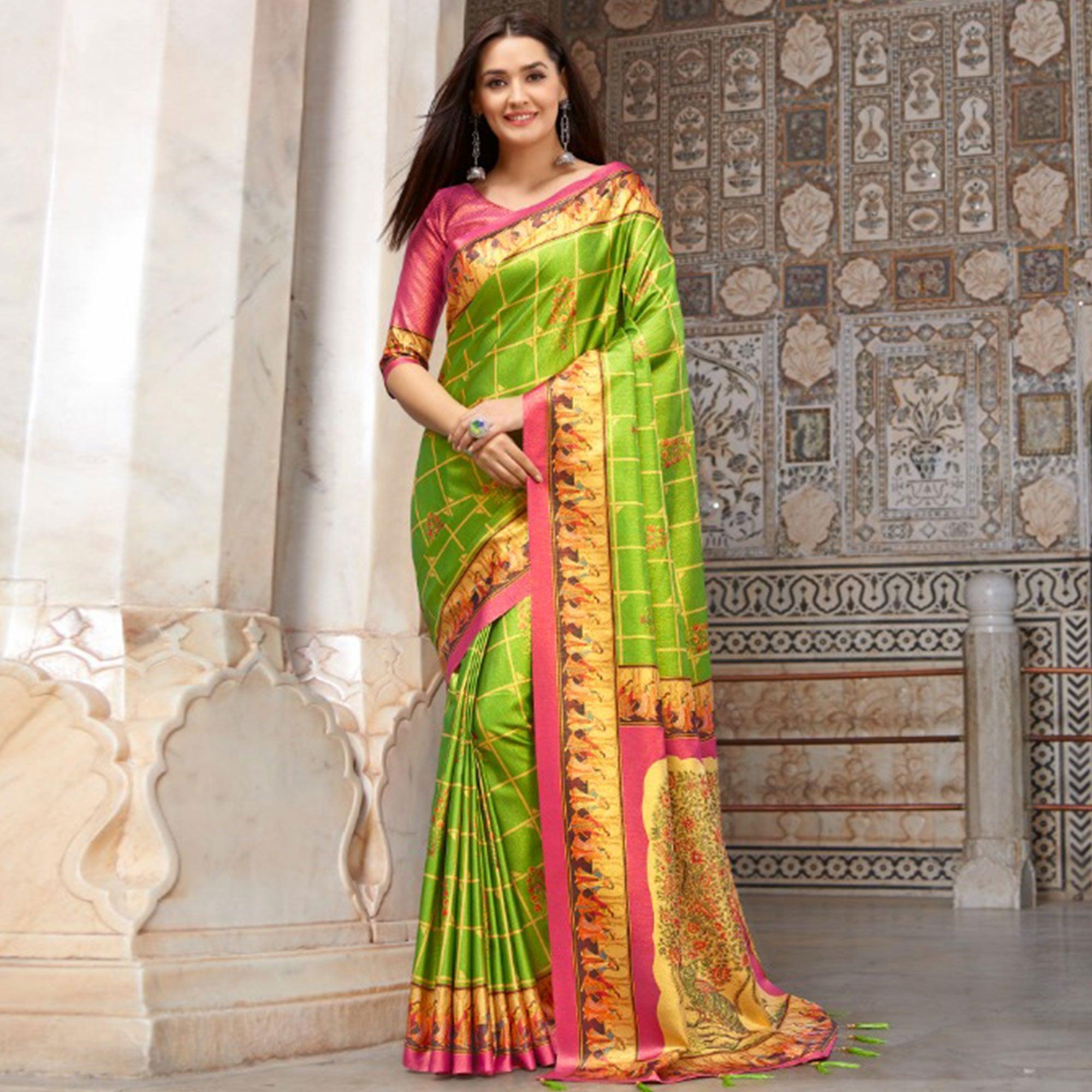 Hypnotic Green Colored Casual Wear Printed Silk Blend Saree With Tassels - Peachmode