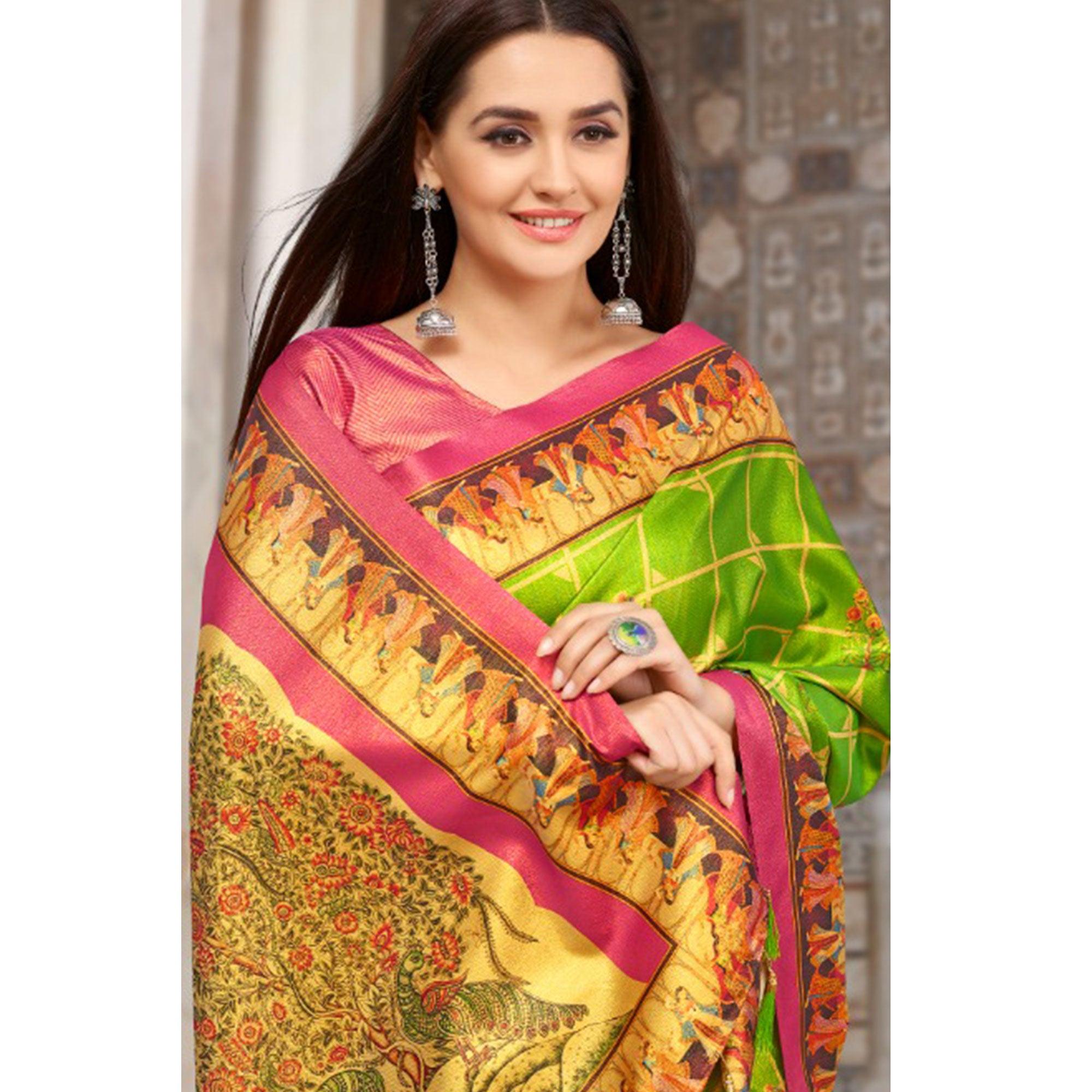 Hypnotic Green Colored Casual Wear Printed Silk Blend Saree With Tassels - Peachmode
